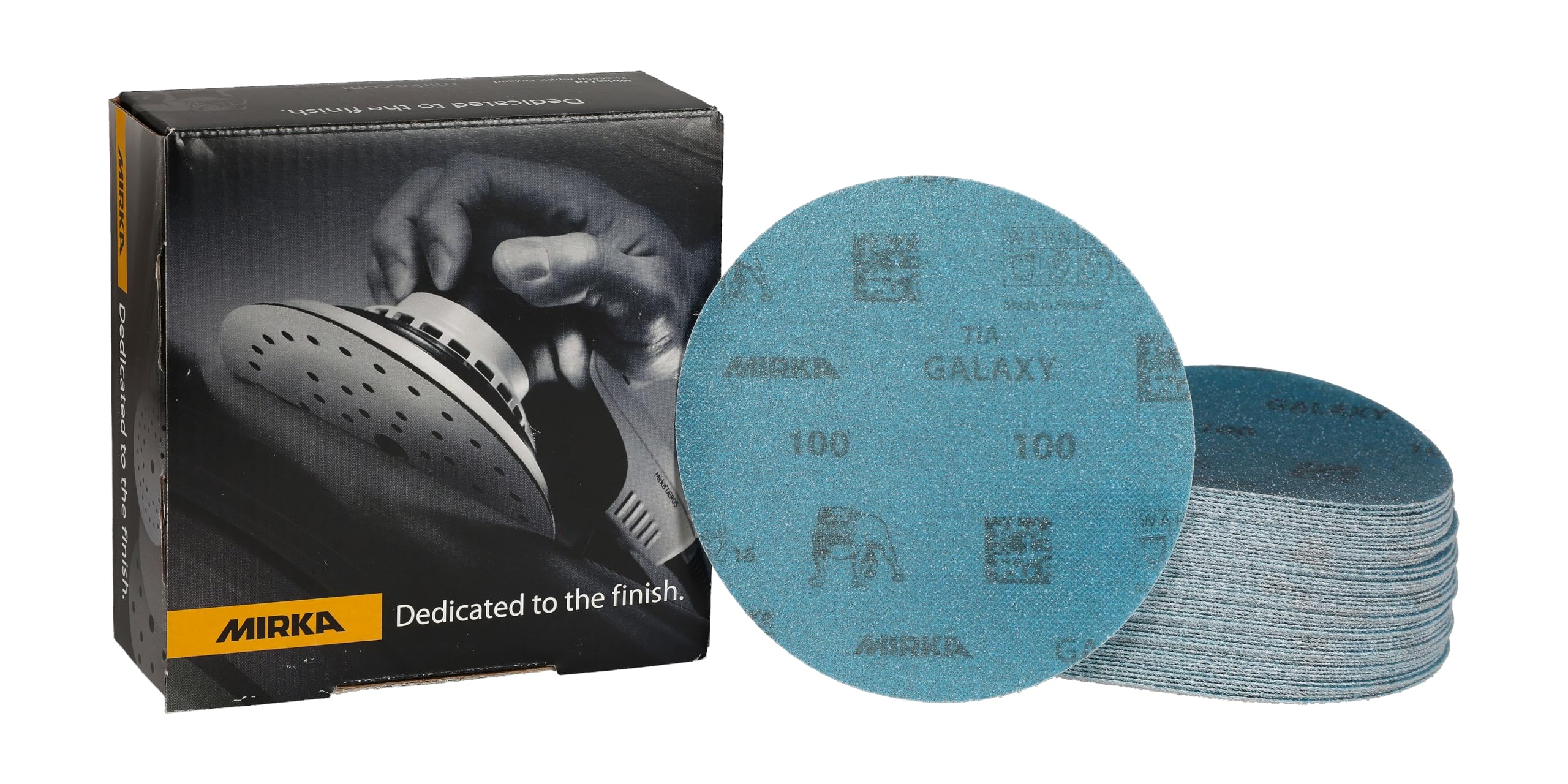 Mirka GalaxySandpaper - Carta abrasiva da 125 mm, grana 100, 50 dischi/confezione, con gancio e anello, abrasiva di alta qualità per resina epossidica, legno, metallo, tecnologia anti-intasamento e