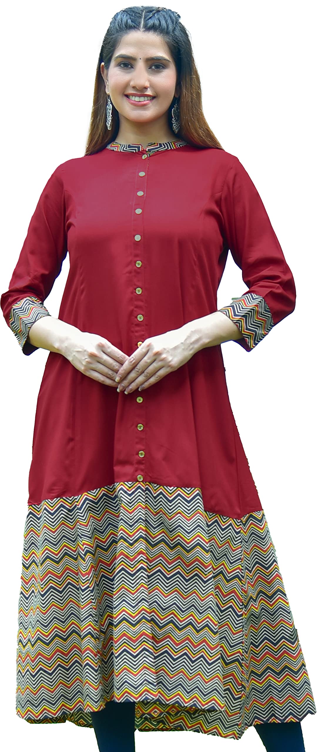 Yash Gallery Women's Plus Size Rayon & Cotton Cambric Zig-Zag Printed A-Line Kurta for Women