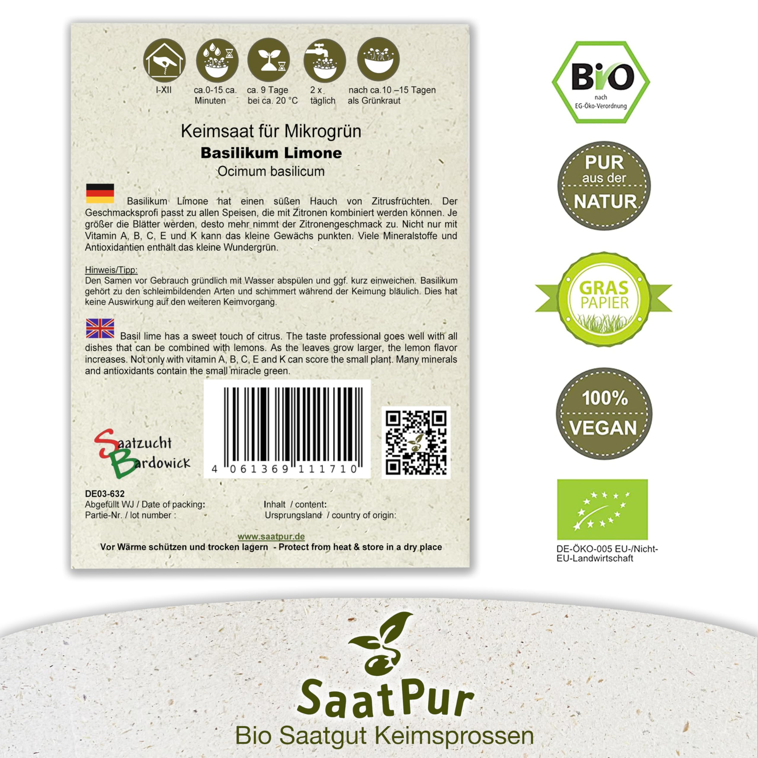 Bio Sprossen Samen Basilikum Limone - 100% Bio Keimsprossen - Microgreens mit hoher Keimkraft - Großes Tray mit 120 Portionstüten je 5g