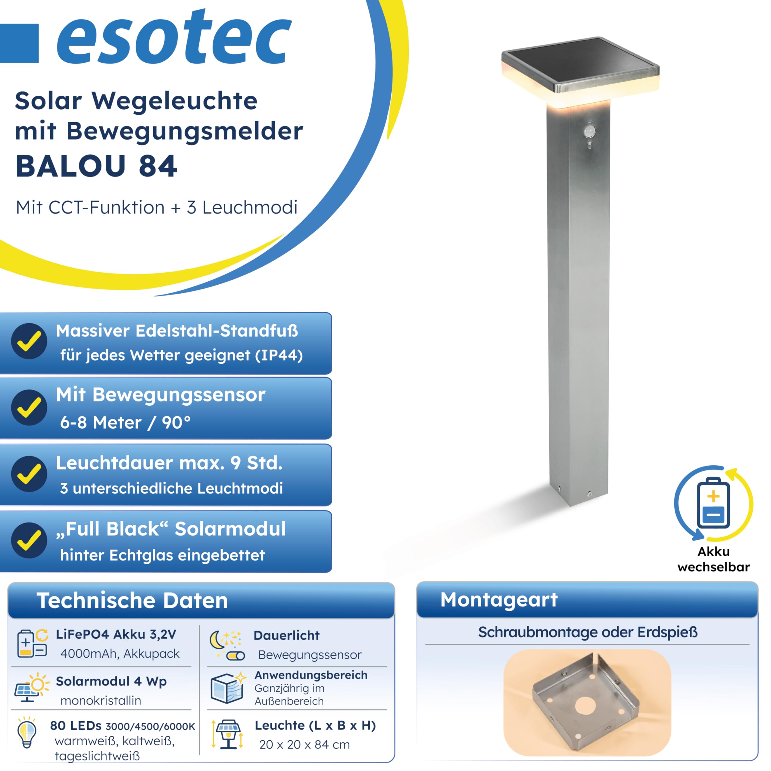 esotec Solar Standleuchte mit Bewegungsmelder Balou CCT, H=84cm Außenleuchte, 3 Lichtfarben, wechselbarer LiFePO4 Akku 102934