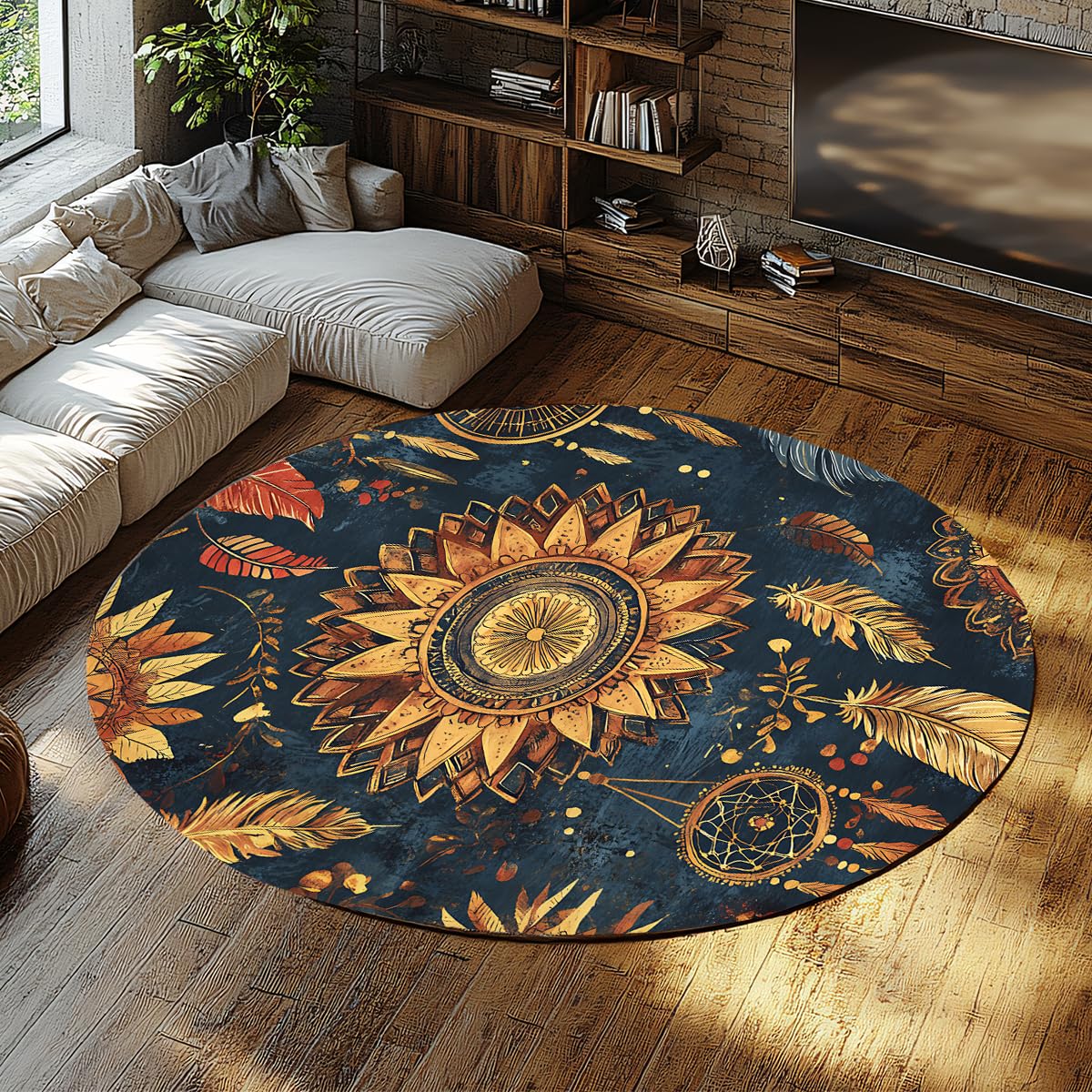 Tapis de sol mince rond pour entrée et salle à manger à motif tournesol bleu marine 240cm