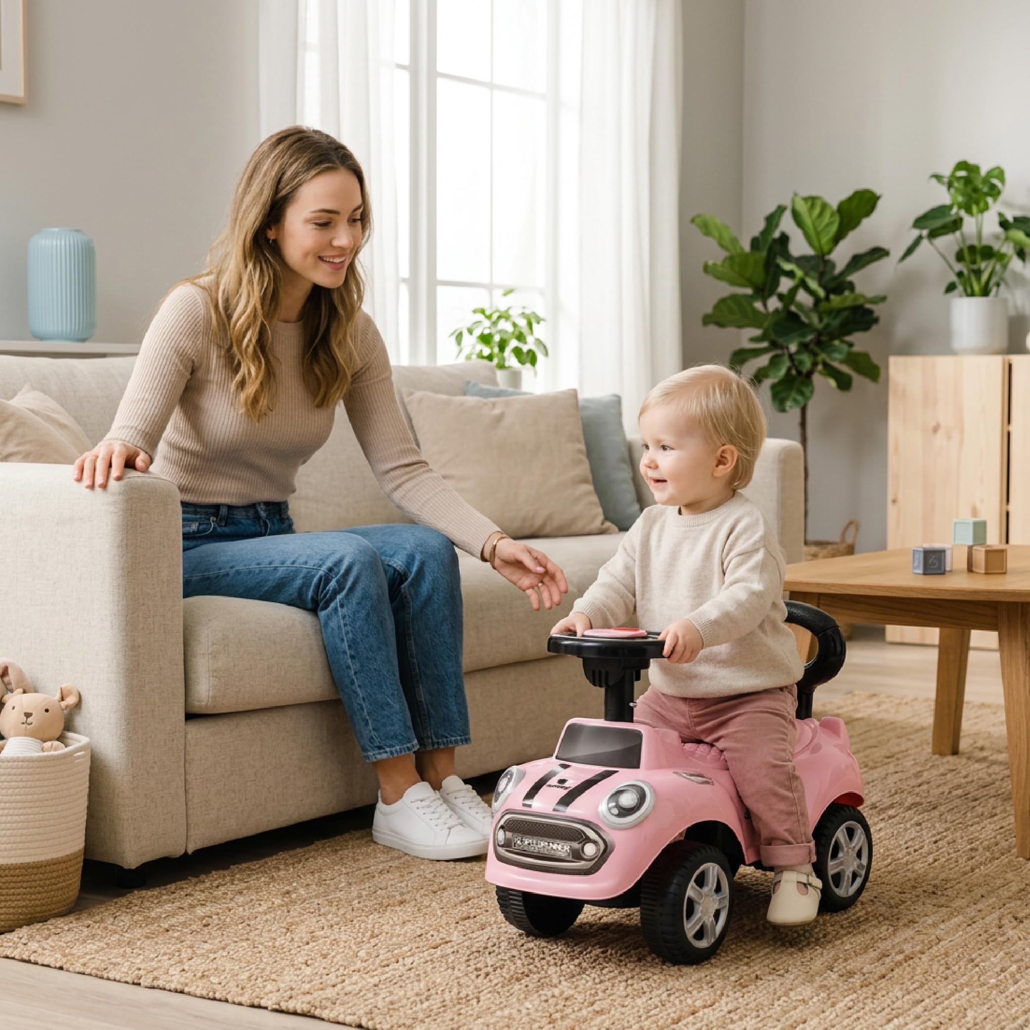 sun baby Jeździk pchacz dla dzieci GO GO Fassion, efekty dźwiękowe, plastikowe siedzisko i koła, zabezpieczenie przed przewróceniem się (Różowy)
