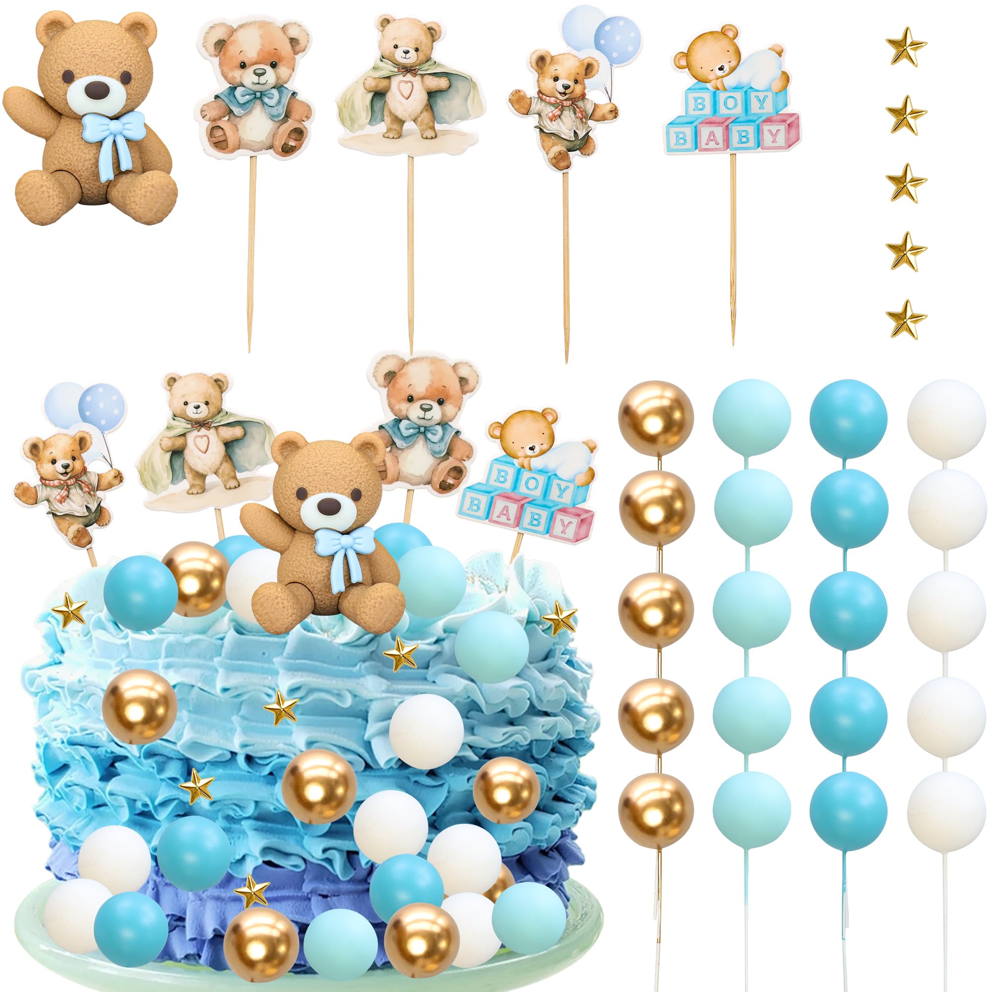 Ephlyn 38 Pack Bear Cake Toppers Star Balls Cake Decorations Baby Shower Cupcake Toppers for Boy Girl Baby Shower Birthday Party Decorations Blue