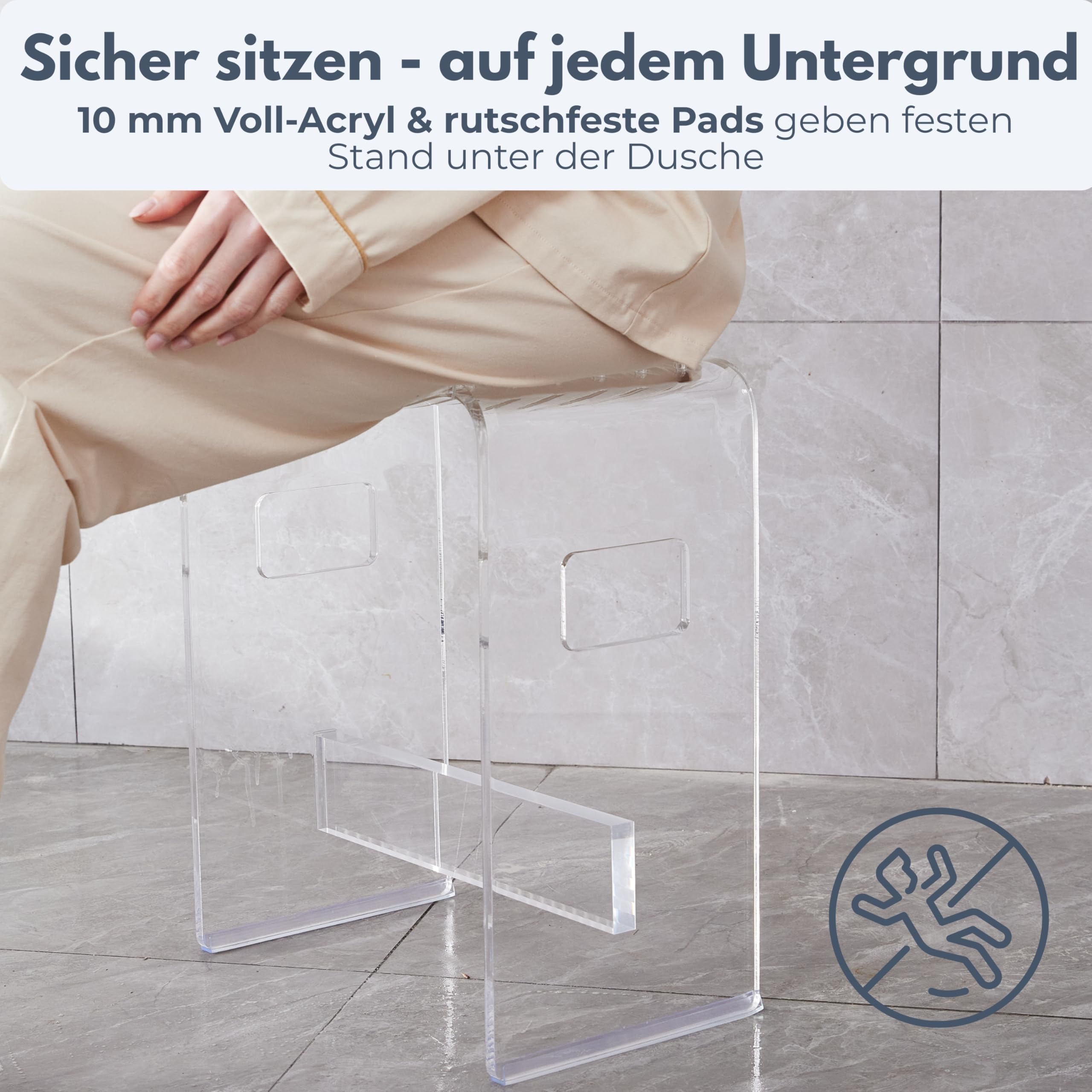 StarK Duschhocker modern aus klarem Acryl – Stabiler Duschstuhl bis 120 kg belastbar | Design Badhocker mit Ablauf-Schlitzen & Griffen | rutschfest, hochwertig & ideal für Dusche