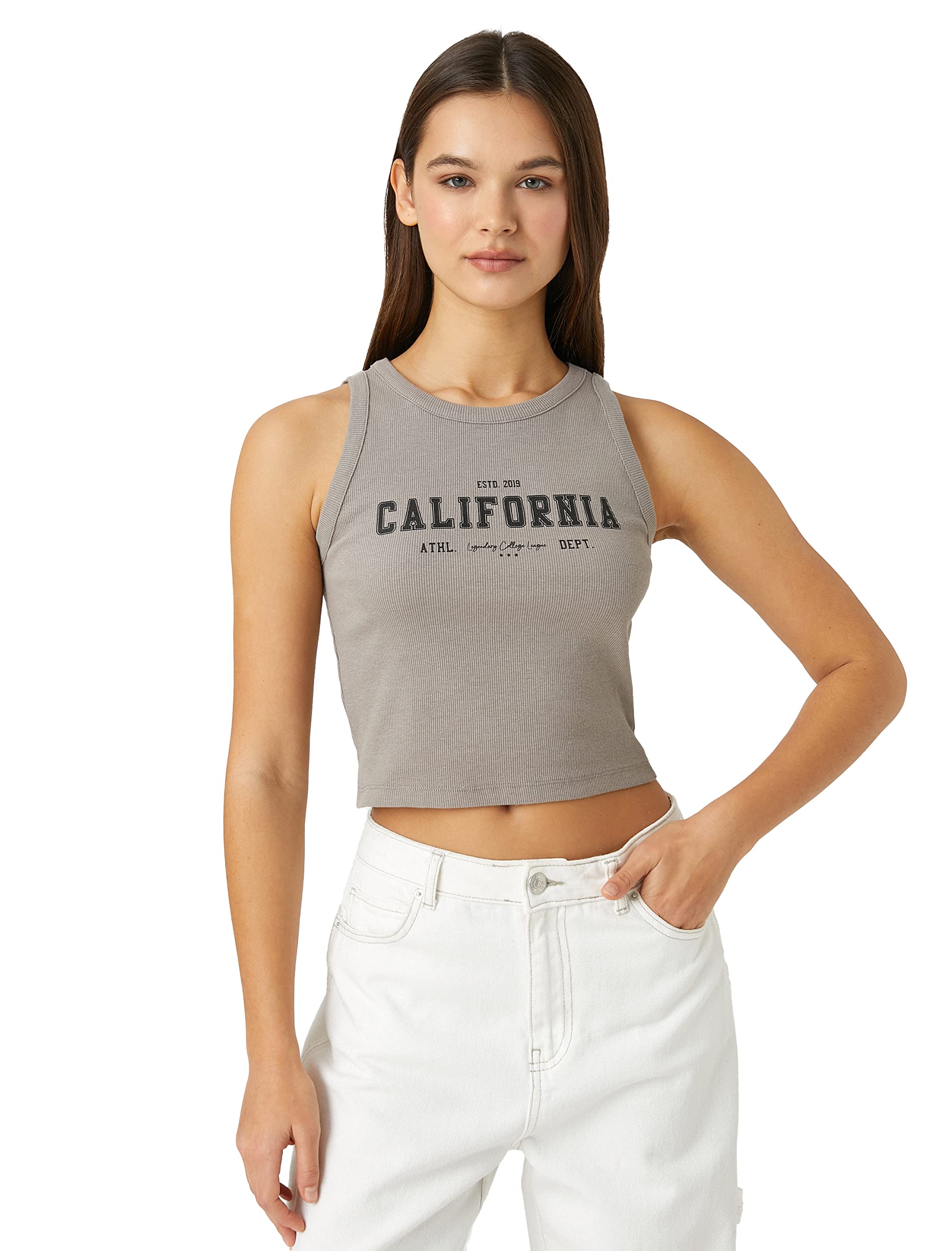 Koton Women's Crop Tank Top California Printed Crew Neck Undershirt, Grau (031), S