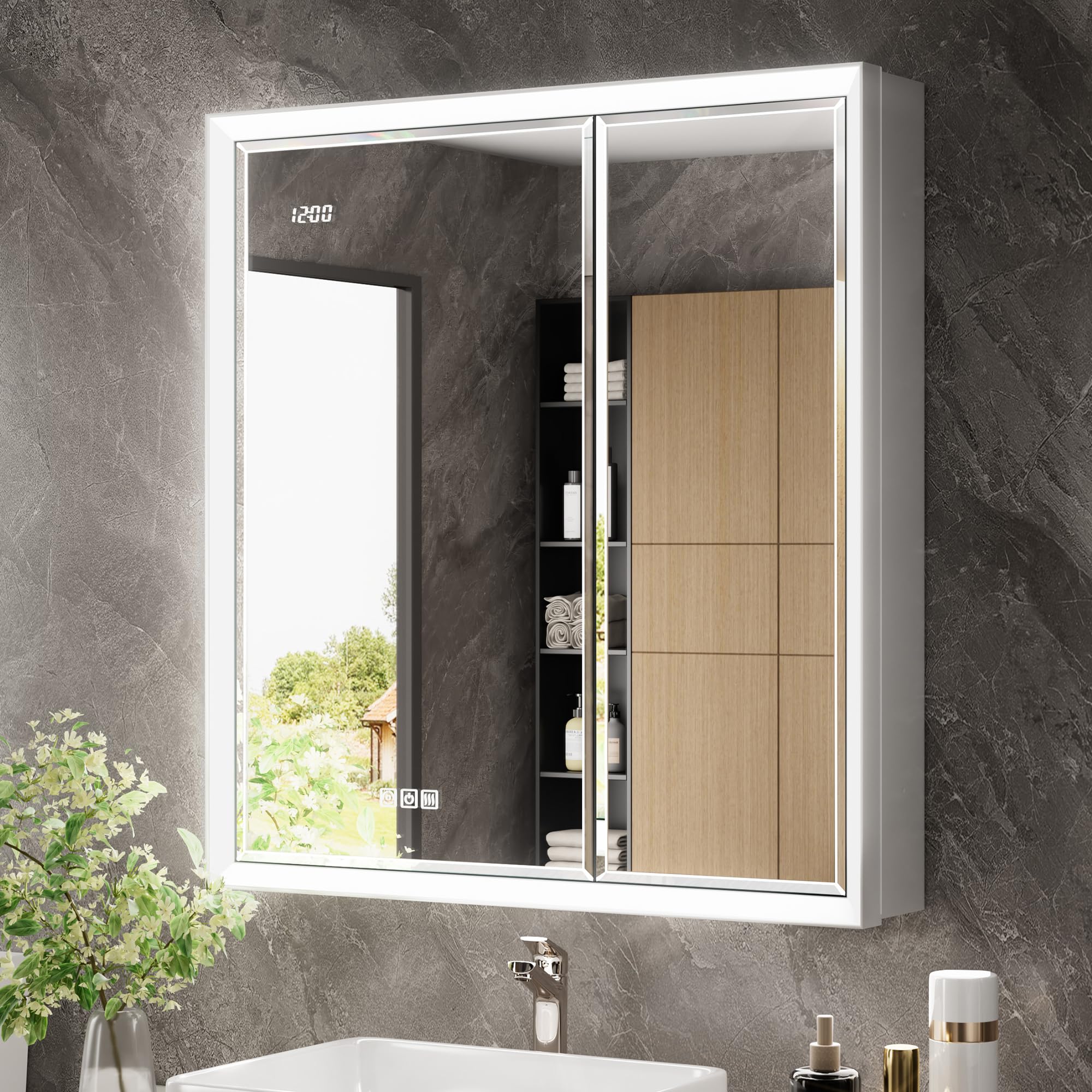 30x32 Beveled Lighted Medicine Cabinet with Mirror & Lights, Surface or Recessed Mirrored Medicine Cabinet with Outlet & Clock, Anti-Fog Dimmable LED Storage Cabinet, Built-in Sensor Light