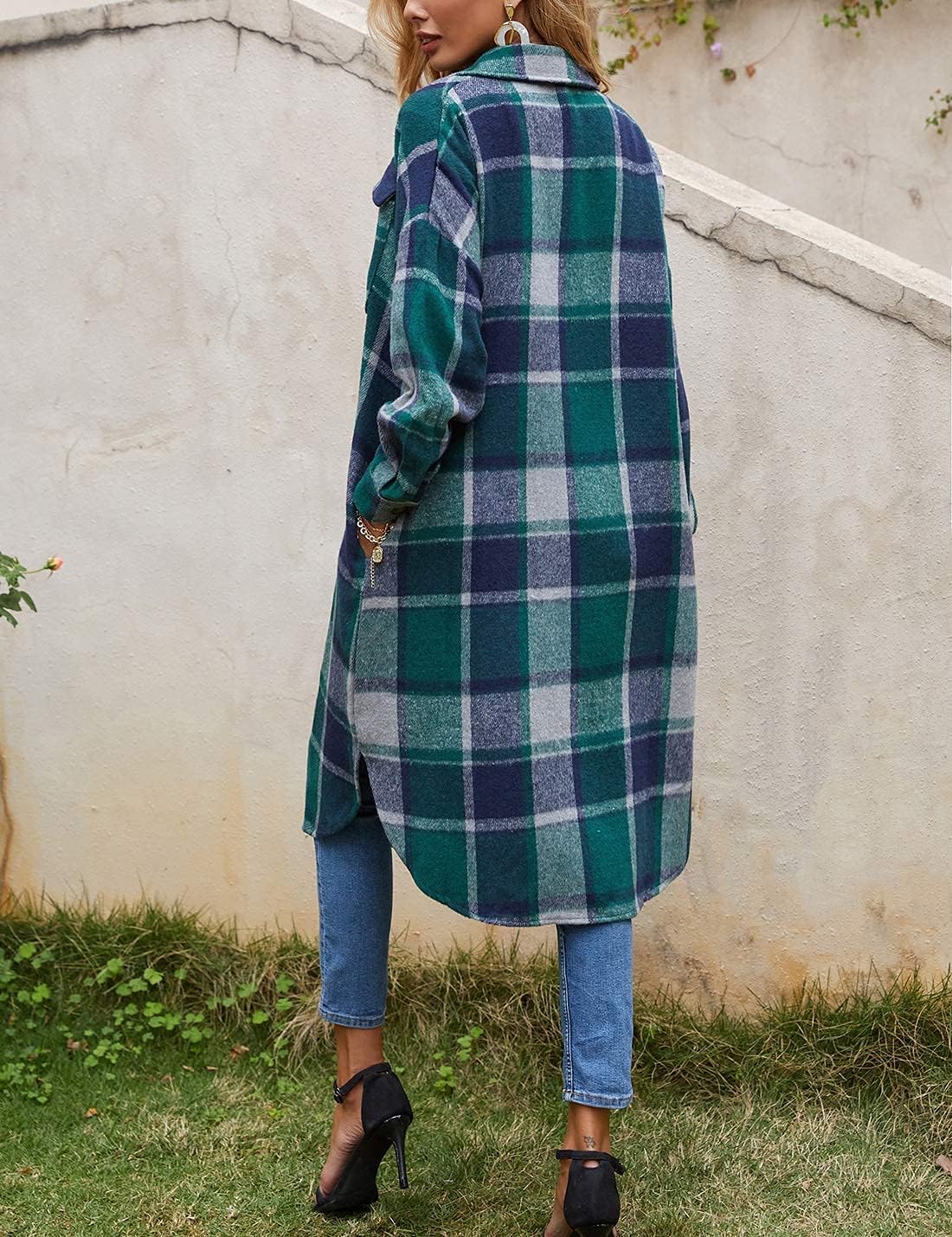 Omoone Women's Flannel Plaid Shacket Fall Oversized Long Button Down Shirt Jacket Shackets - Image 7