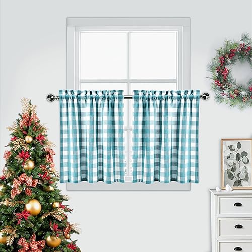 Amzdecor Cortinas de búfalo a cuadros para cocina, cortinas cortas de baño con bolsillo para barra de cortina, cortinas cortas para ventana de Verde