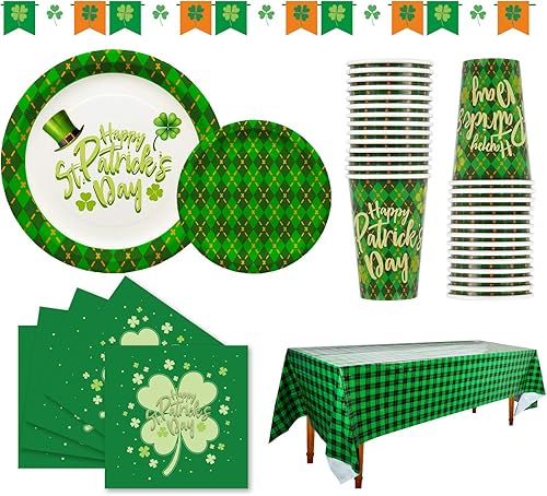 Gatherfun Suministros para fiesta del día de San Patricio, platos de papel desechables, servilletas, vasos, mantel y pancarta para decoraciones de