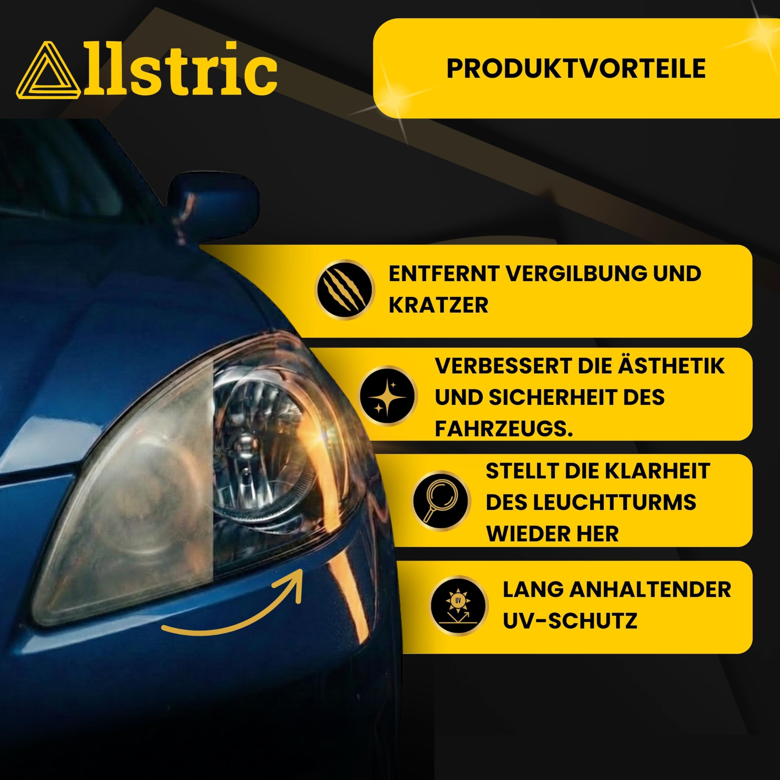 Scheinwerfer Aufbereitung Set Profi mit Polierpaste & UV-Versiegelung | Scheinwerfer Politur für klare Sicht – Geeignet für Poliermaschine & Handanwendung – Komplettes Autopolitur Set