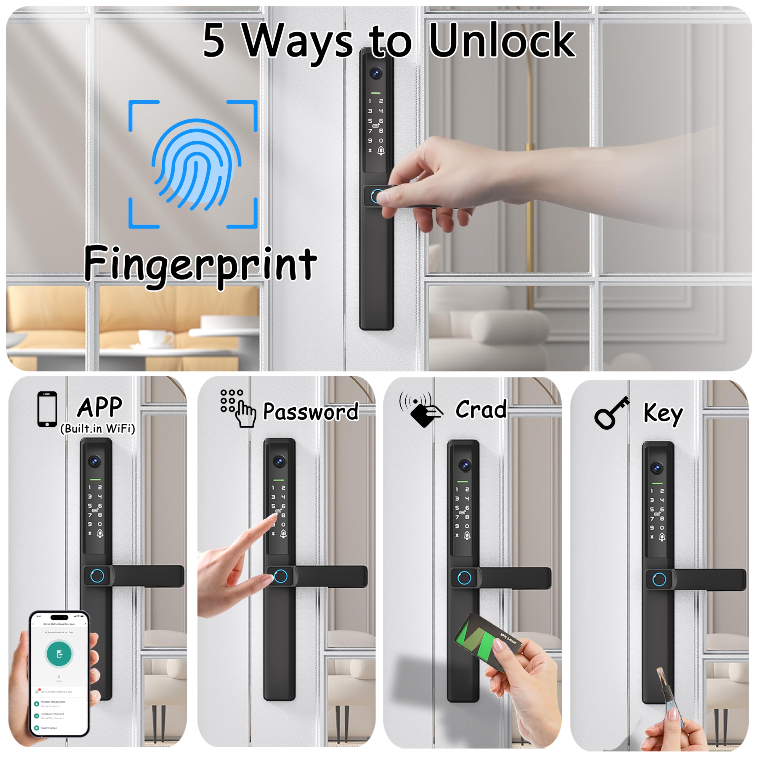 Cerradura inteligente para puerta corredera con asa, cerradura de puerta corredera sin llave con código de huellas dactilares, tarjeta RFID, teclado digital, llave digital, reemplazo remoto, marco