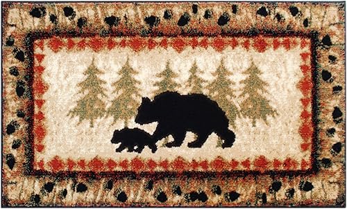 Miniatura 3 de EMMA + OLIVER Alfombra rústica con temática de cabaña o cabaña, diseño de oso y cachorro con árboles, 2 x 3 pies, borde con patrón de pista de oso,