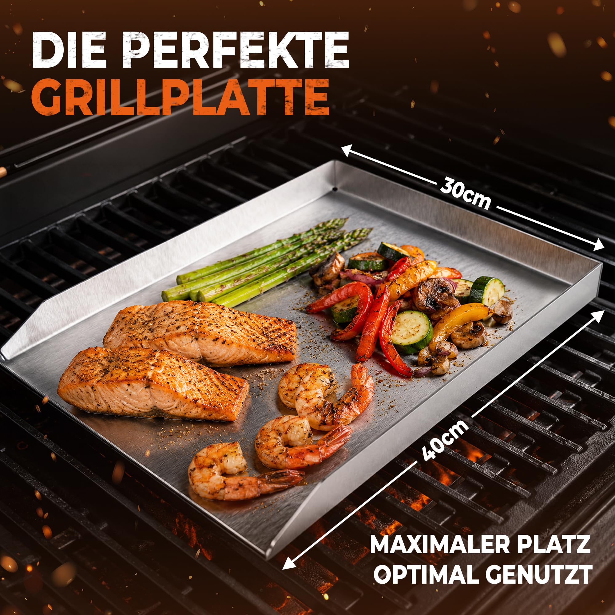 ELITE BBQ V2A Edelstahl Universal Grillplatte BBQ Plancha 40 x 30 massiv 4mm Stärke Grillblech Bratplatte geeignet für Holzkohlegrills Gasgrills wie Weber Napoleon Grill Campingaz Broil King