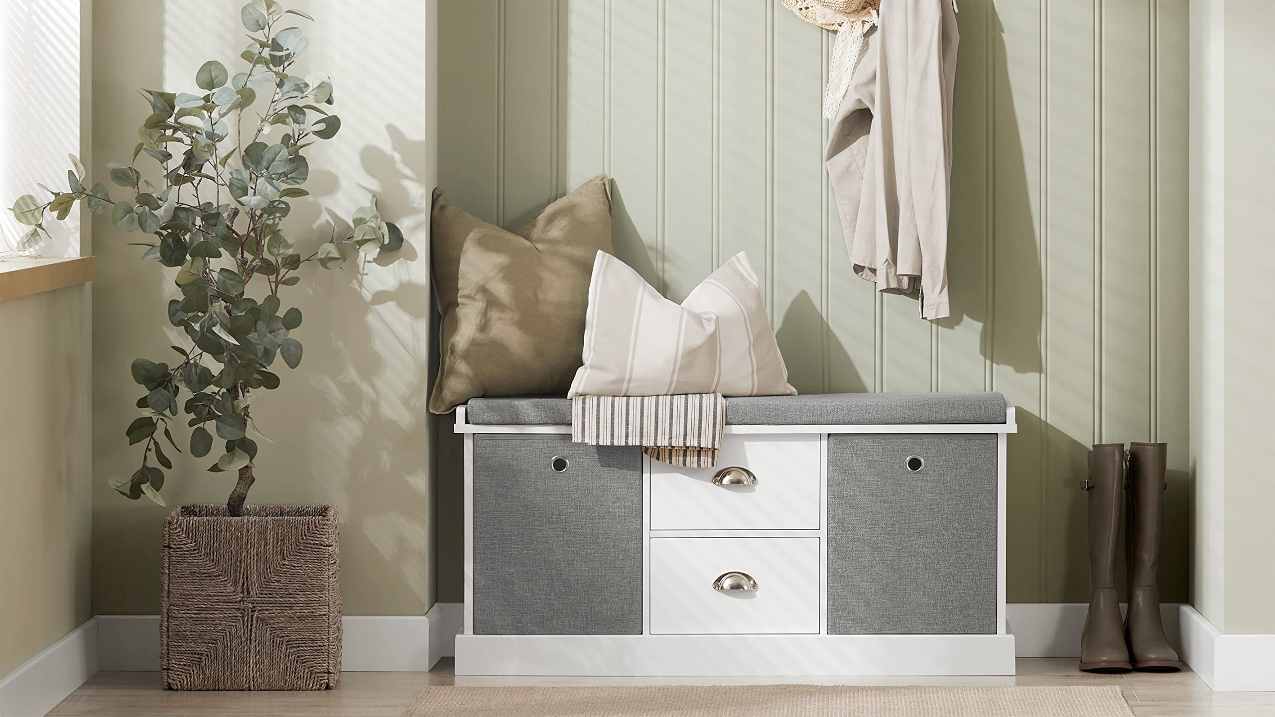 SoBuy Panca scarpiera Cassapanca da Interno Mobile Bagno con 2 cassetti e 2 cesti Bianco L96*P33*A50cm FSR66-HG