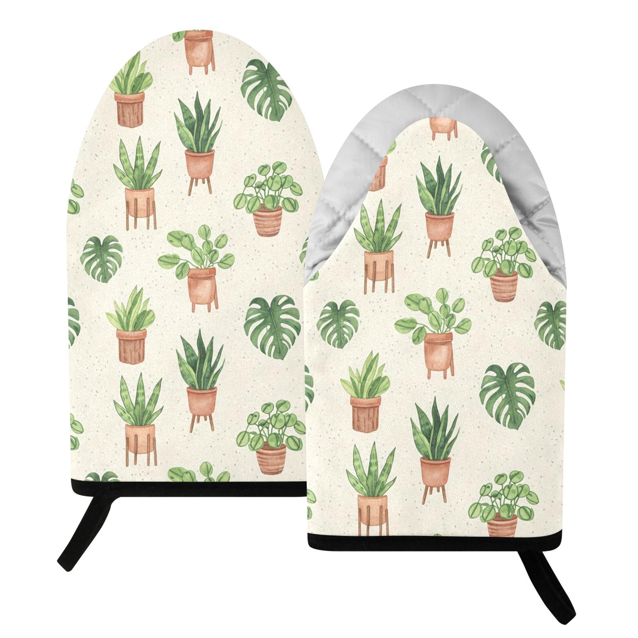 Kutsu Cactus Pots Palm Leaves Oven Mitts for Kitchen, Heat Resistant Cotton Oven Gloves for BBQ Baking Cooking, Breathable Kitchen Essentials, 2 pcs