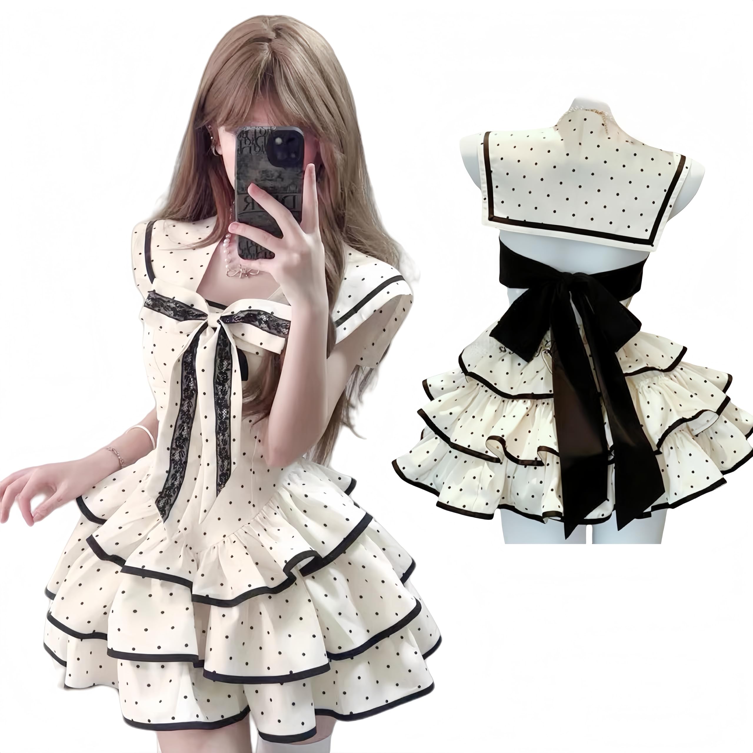 [Ligwon] 地雷系 ワンピース レディース セーラー襟 ドット柄 バックレス ひざ上 量産型 かわいい レース リボン フリル ロリータ Aライン 着痩せ ファッション (JP, アルファベット ジャスポ, M)