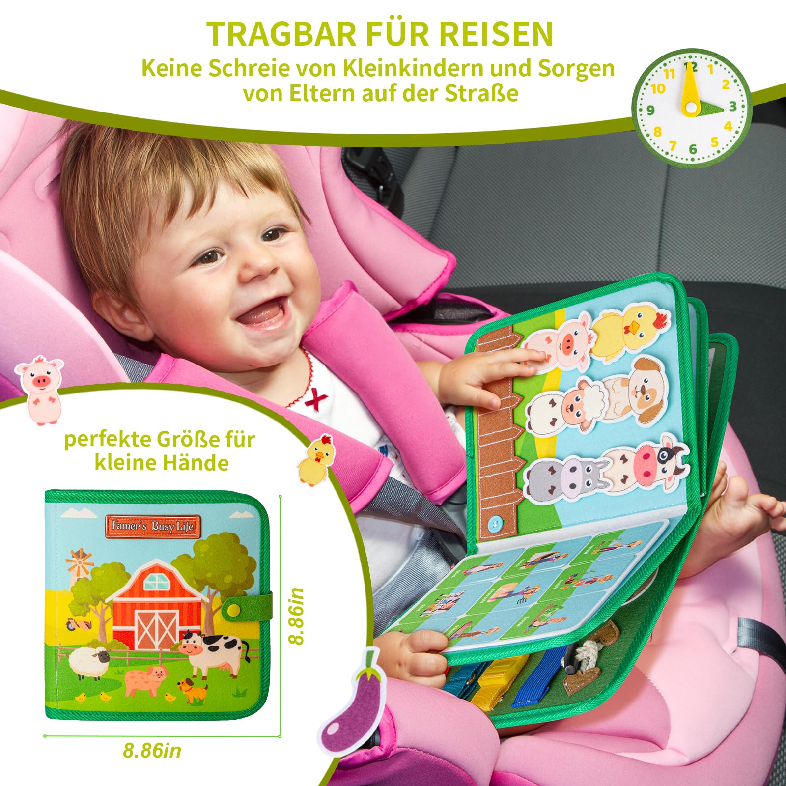 Quanquer Montessori Busy Board Deutsche Spielzeug ab 1 2 3 4 Jahre - Bauernhof Book für Frühe Bildung Auto & Flugzeug Fahrten - Geburtstag Feiertag Ostern Kindertag Geschenke für Kleinkinder