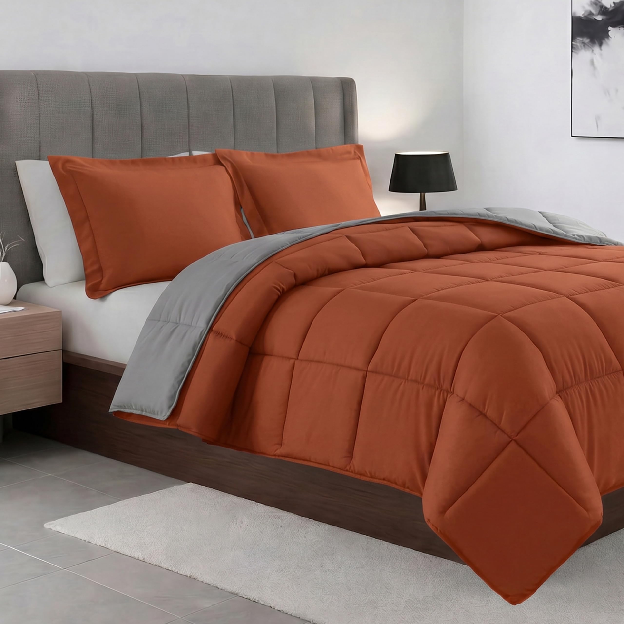 Elegant Comfort All Season Quilted 3-Piece Reversible Comforter Set-Duvet Insert with 4 Corner Tabs, Box Stitched Down Alternative, Cozy and Soft Comforter Set with Shams, Twin, Coral/Gray