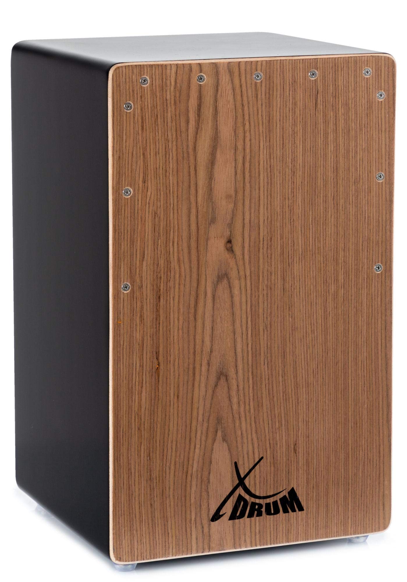 XDrum Cajon El Bajo Bass Port Black/Walnut Set - Cajon mit Bass POrt, Edelholz-Furnier-Schlagflächen & fest installiertem Snare Teppich inkl. Gigbag & Cajonschule für Einsteiger