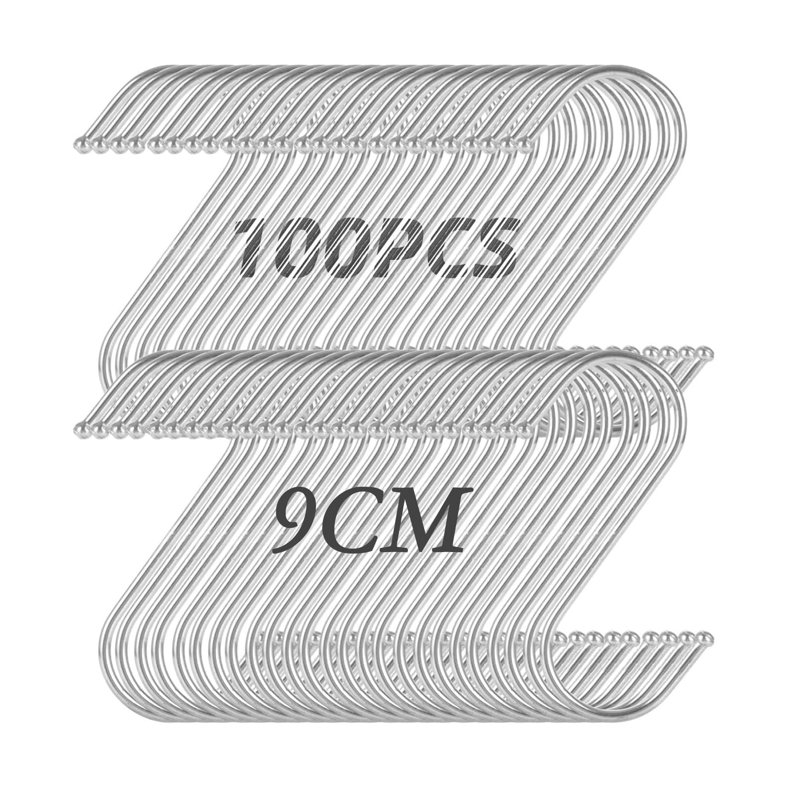 Crochet S en Métal 9cm, 100 Pièces Crochets S en Acier Inoxydable, Crochet en S pour Cuisine, Hameçon Forme S pour Suspendre Casseroles et Vêtements, Usage Bureau et Salle de Bain