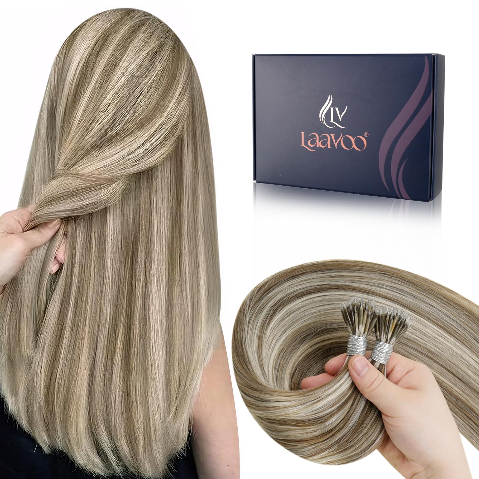 LaaVoo Nano Ring Hair Extensions Human Hair Nano Hair Extensions Brown 16 Inch Invisible Nano Beads Straight Remy Highlight Light Brown with Ashy Blonde Real Hair 50g 50s #p8/24