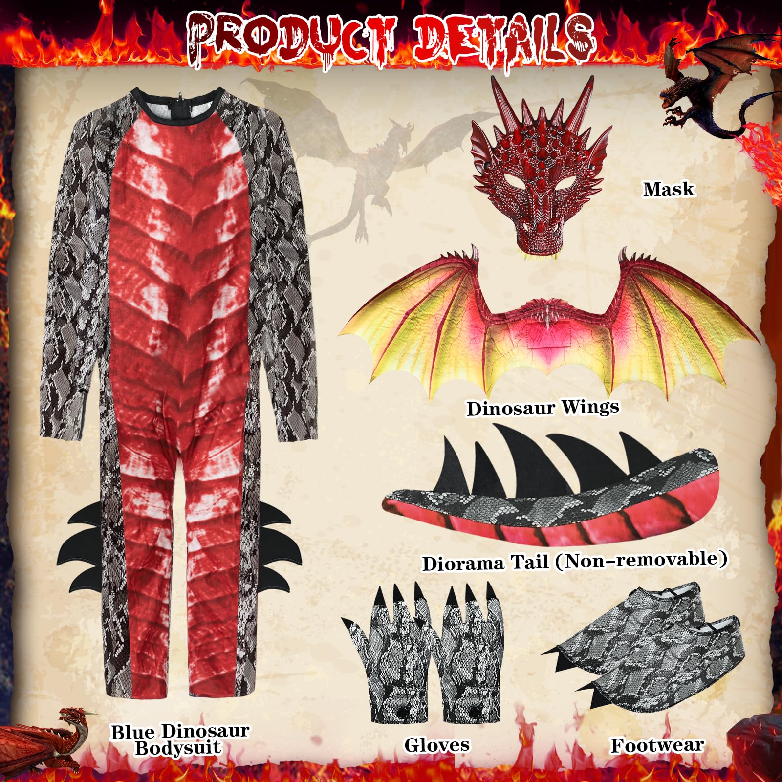 Ulikey Costume da Drago Bambino, Costume Carnevale Ragazzi, con Ali di Drago, Maschera da Drago, Dinosauri per Bambini Blu Rosso, Drago Tute per Bambini Carnevale Halloween Feste Cosplay
