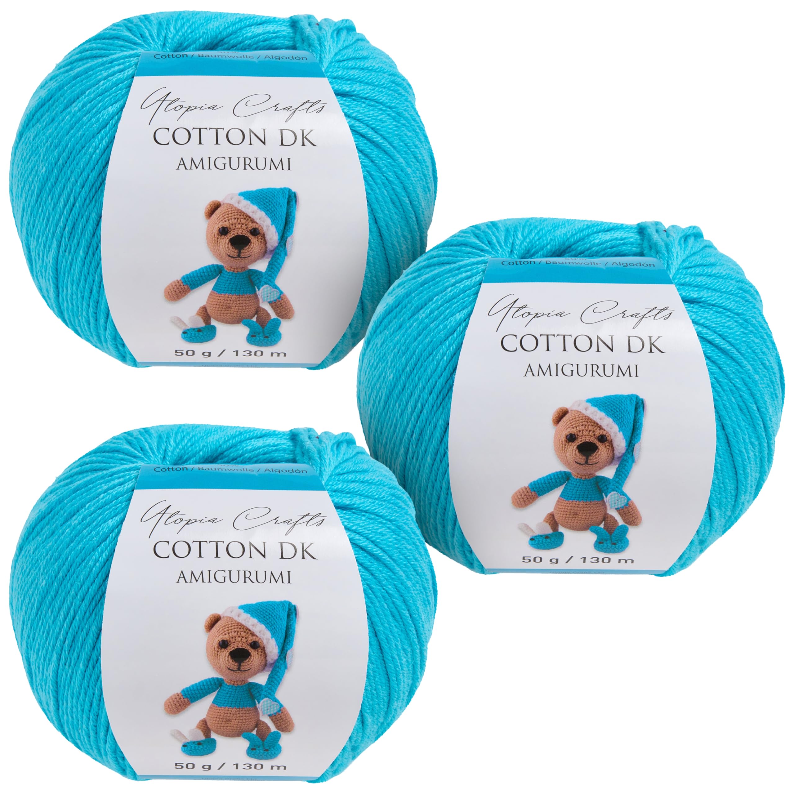 Utopia Crafts Amigurumi Cotton DK Yarn for Crochet and Knitting 50% Cotton, 50% Acrylic Blended, 3X 50g (Turquoise Blue)