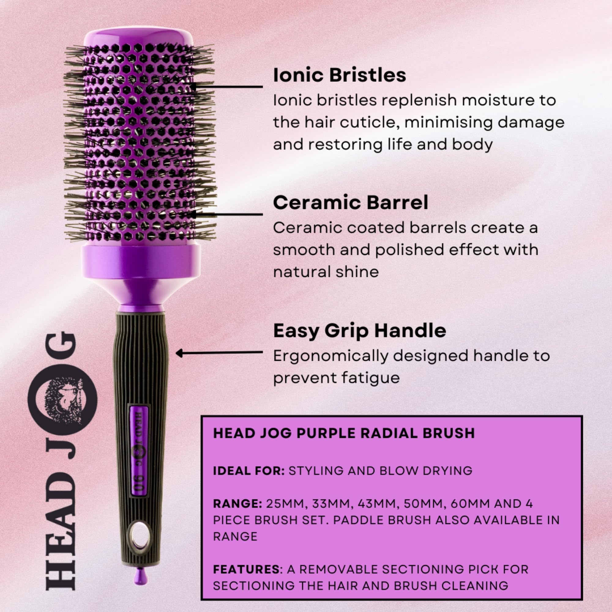 Head Jog 87 Purple Radial Brush. Ceramic Coating Barrel with Nylon Bristle & Rubber Handle. Lightweight & Durable Hair Brush for Hairdressing. Reduce Frizz for Healthy Looking Hair. (25mm) - Image 3
