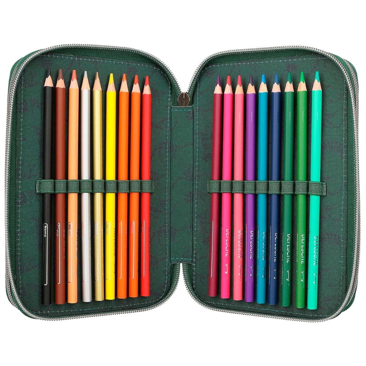 Depesche 12506 Dino World Filled 3-Compartment Pencil Case in Dinosaur Design with Chain, Pencil Case with Colouring Pencils - Image 4
