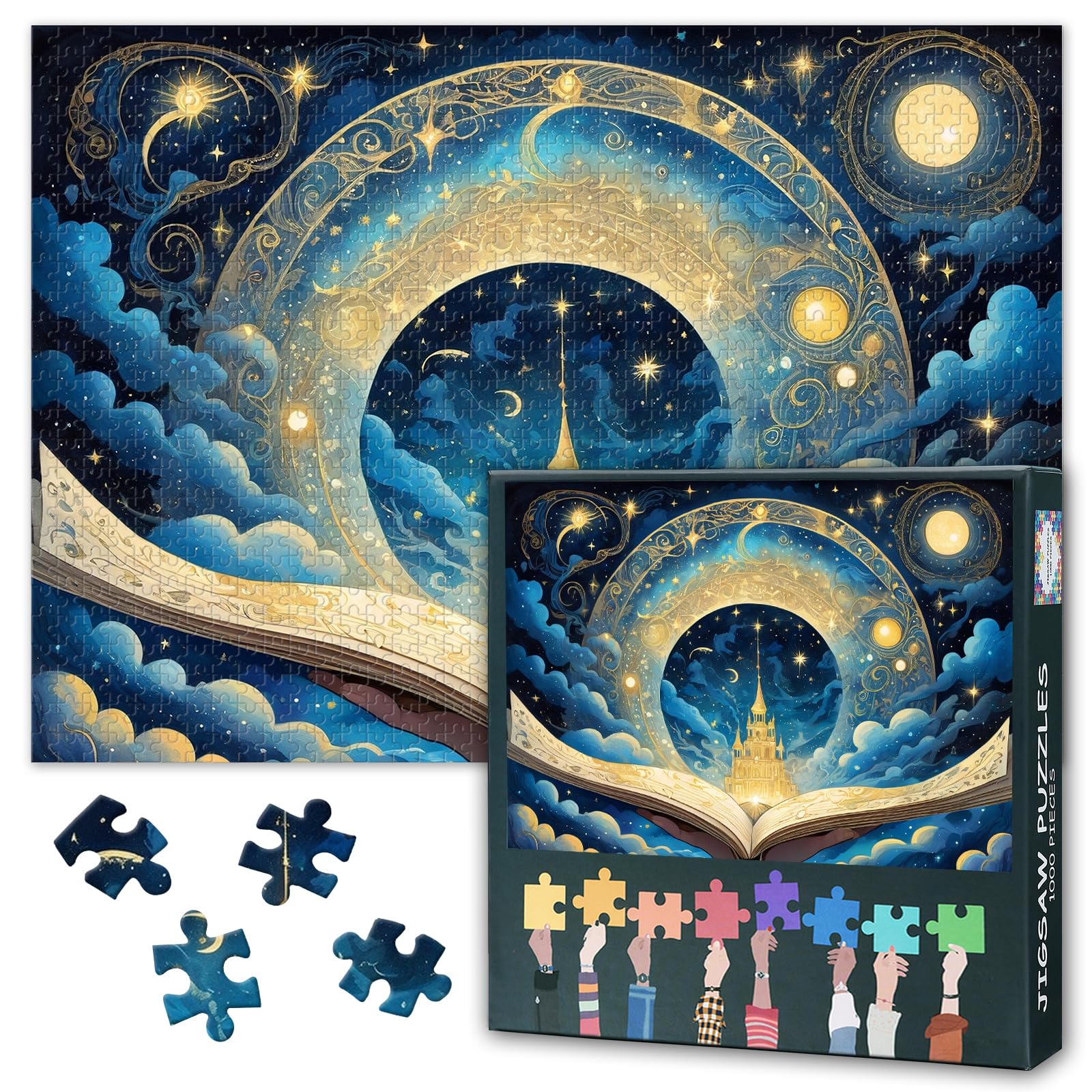 Fantasy Jigsaw Puzzles Castle Moon and a Hand to Open a Book Puzzle for Adults 1000 Pieces, Difficult Impossible Challenges Jigsaw Puzzles for Adults, 19.5 x 27.5 Inch