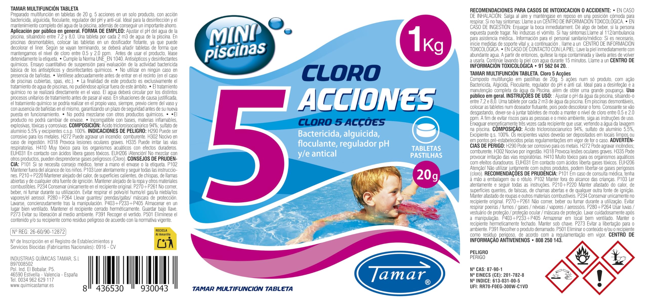 Pack Mini Piscinas Cloro 5 acciones 1kg + Reductor pH + Alguicida Larga Duración + Floculante 1 litro