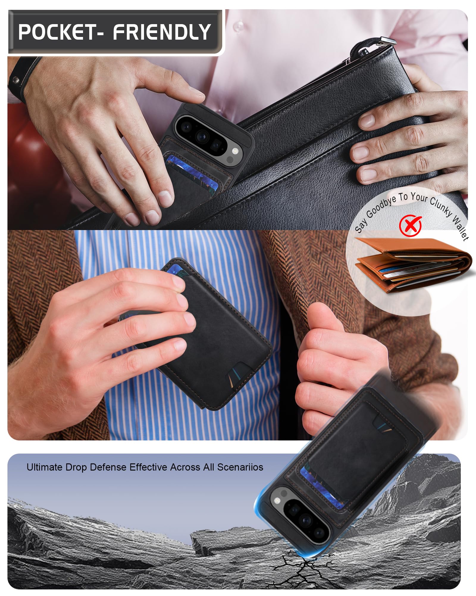 Custodia a portafoglio magnetica staccabile per Google Pixel 11 Pro con cavalletto, 2 in 1 compatibile MagSafe con blocco RFID, custodia sottile in pelle PU nera