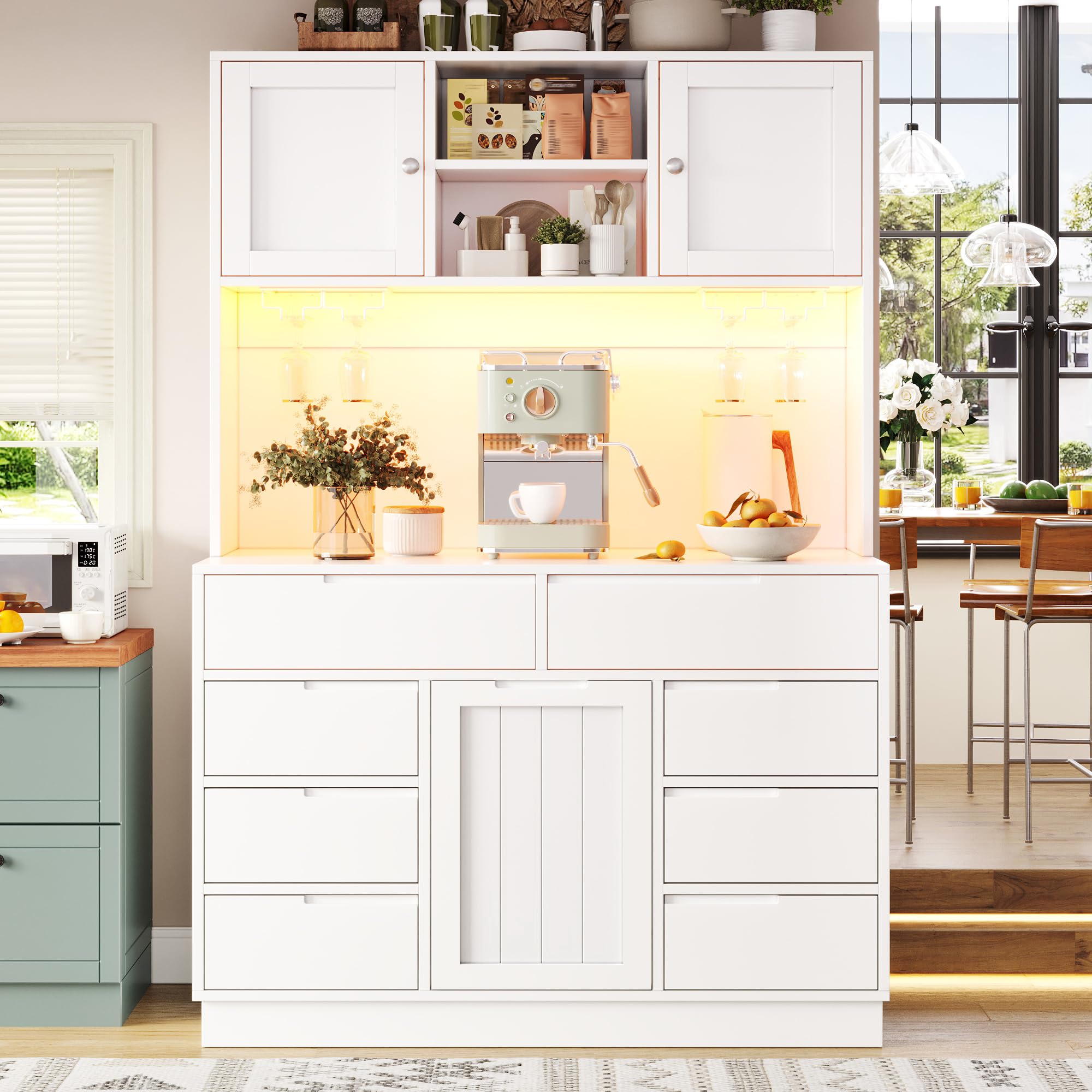 Mobile alto moderno, bianco, 120 × 40 × 183,5 cm, armadio da cucina, armadi alti per soggiorno, 8 cassetti, chiusura magnetica, ripiani regolabili in altezza