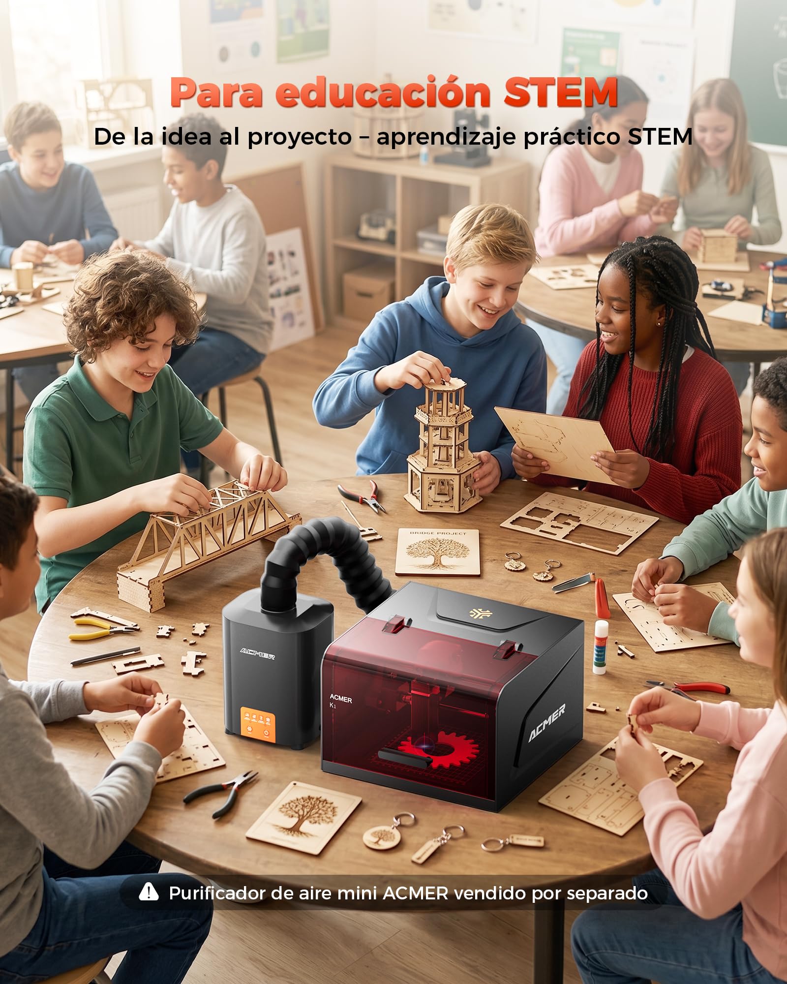 ACMER K1 12W Máquina de grabado láser, máquina láser cerrada Clase 1 con extracción de humo, cortador y grabador láser de precisión 0,01 mm para bricolaje, madera,metal y fabricación de regalos