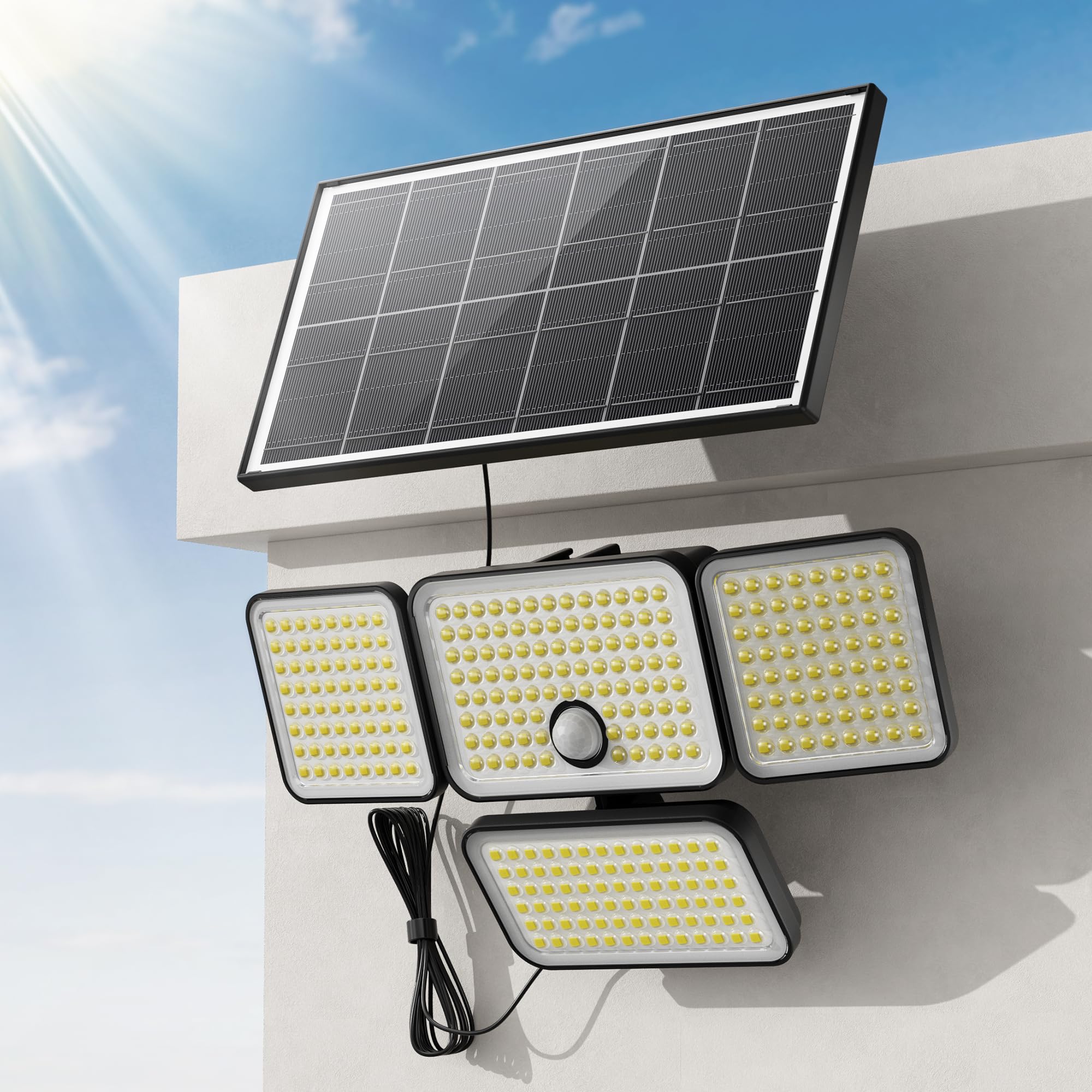 Photo 1 of JACKYLED Solar Lights Outdoor, 4000mAh Security Lights with Larger Solar Panel & 16.4FT Cable, 4-Head Motion Sensor Lights with Remote Control, IP65 Waterproof 270° Wide Flood Wall Lights (1 Pack)