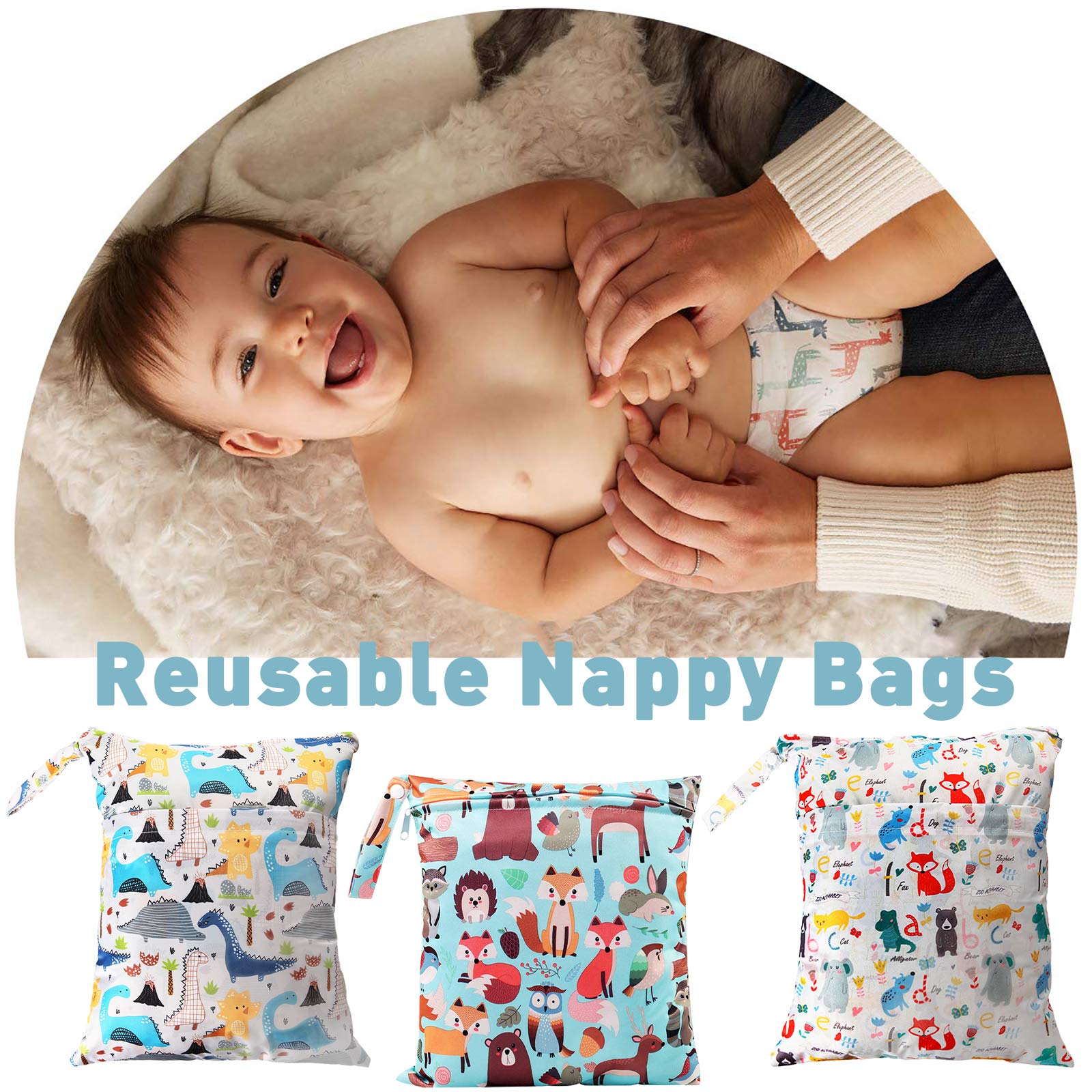3 Pcs Sac à Couches Lavables,Sac Étanche,Organisateur de couches de voyage de sac sec humide réutilisable lavable imperméable avec la poignée pour la couche de bébé, voyage, plage