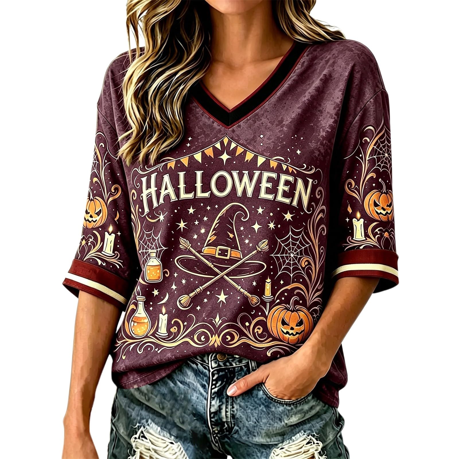 Salem Broom Co Halloween Shirts Women 3/4 Sleeve Vintage Witch Tops Funny Halloween Costumes Casual V Neck Witch Tee Shirts Novelty Fashion Festival Party Clothes (Z02-Purple #1, M)