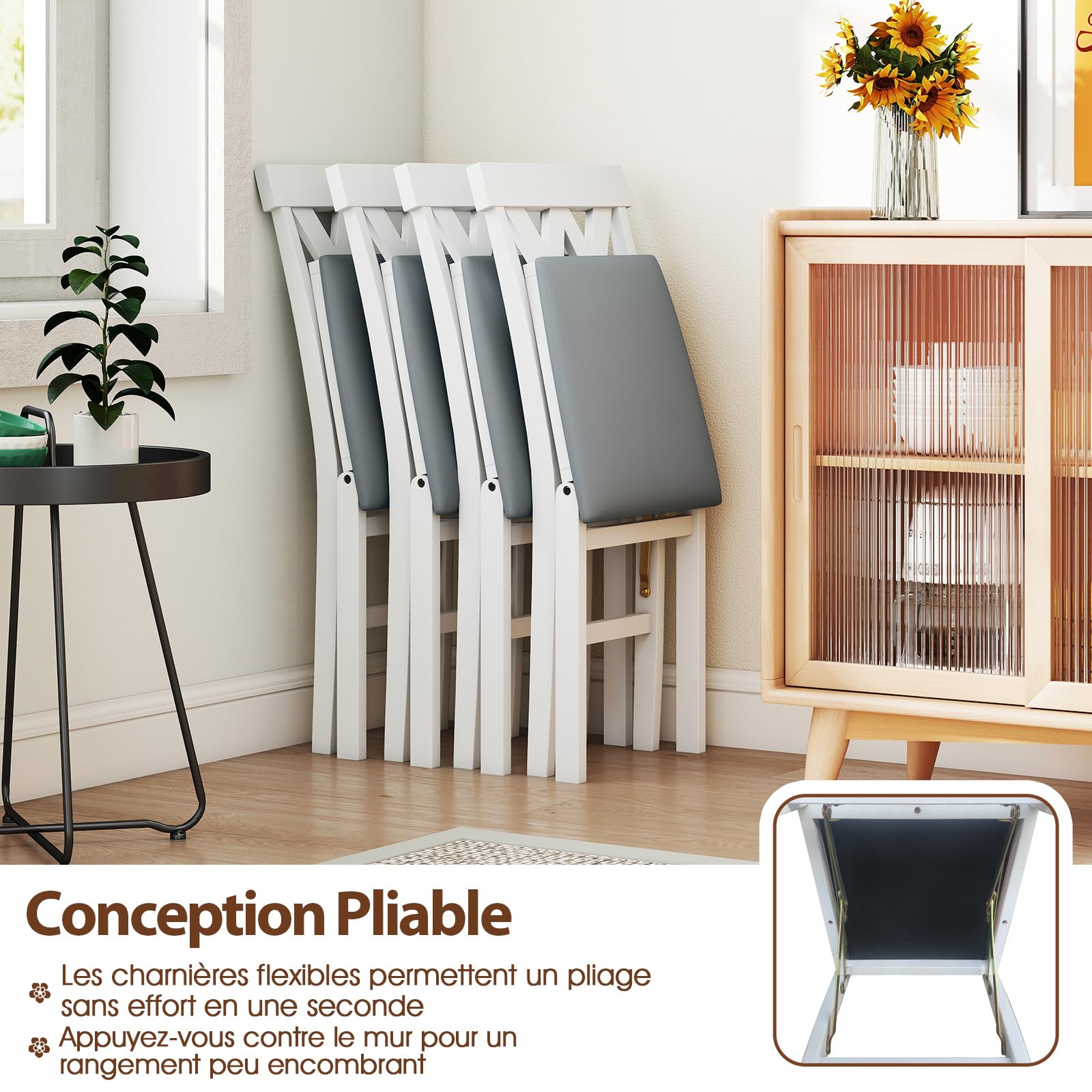 COSTWAY Lot de 2 Chaises de Salle à Manger Pliantes en Bois, Chaise de Cuisine avec Cadre en Bois de Caoutchouc, Siège Rembourré, Dossier Incurvé, pour Maison, Bureau, Appartement (Blanc)