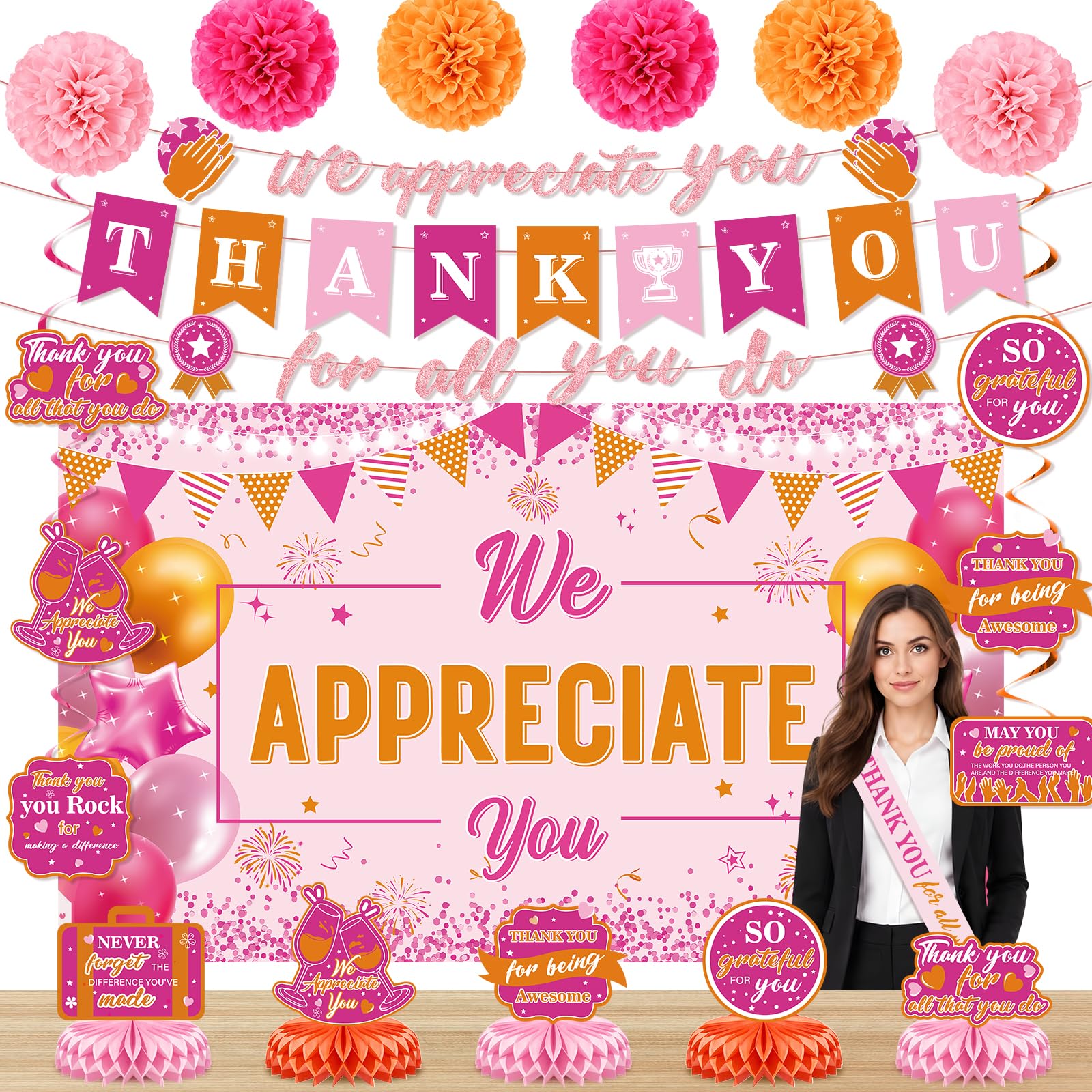 Hot Pink Orange We Appreciate You Party Decorations for Women Thanks Party