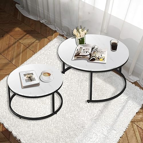 Miniatura 4 de AT-VALY Juego de 2 mesas anidadas, mesa auxiliar redonda, mesa auxiliar con marco de metal resistente para sala de estar de 31.5 pulgadas (negro y