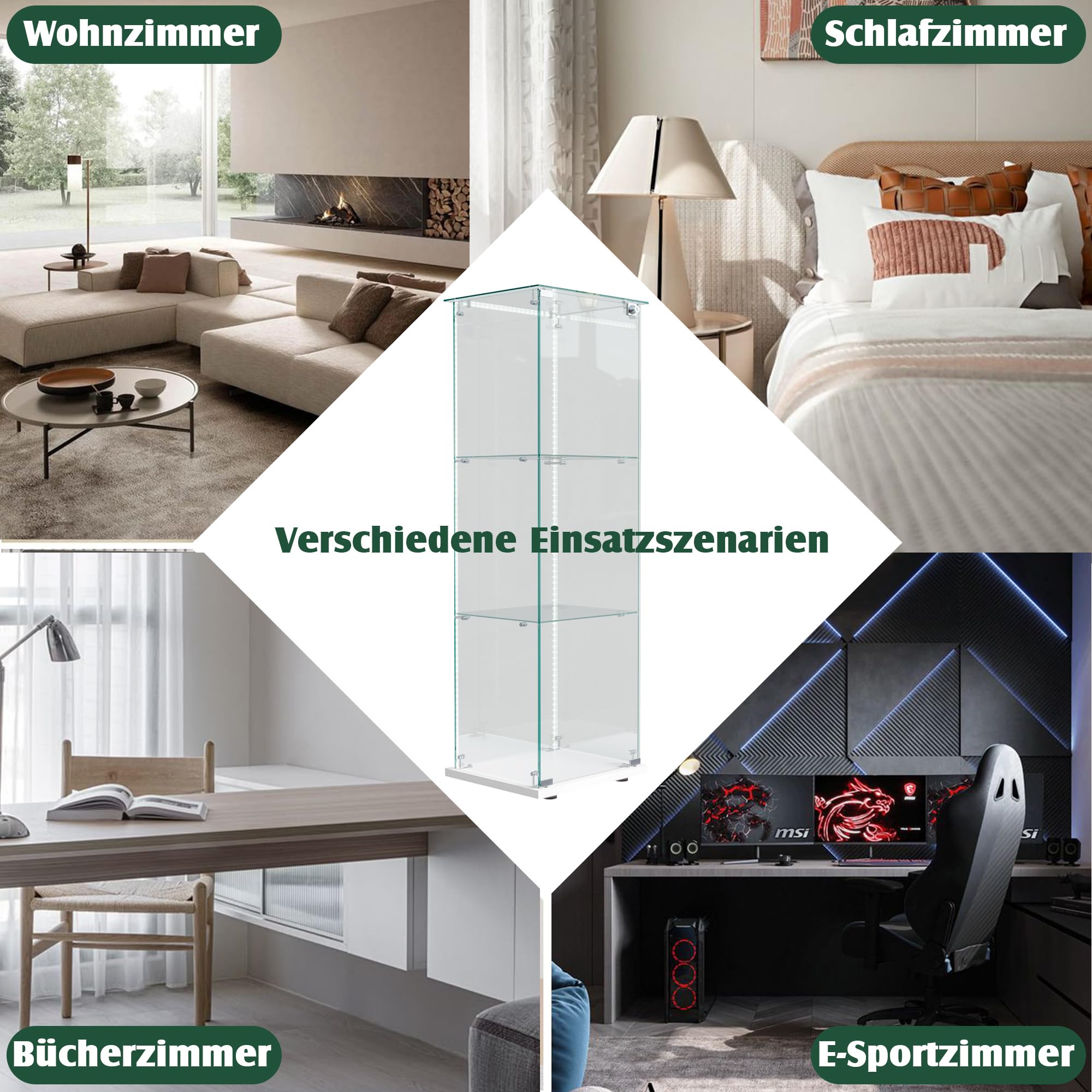 Glasvitrine Standvitrine,Glasvitrine Stehend mit Led,3 Lagen Glas Holz Glas Vitrine Vitrinenschrank 1 TüR und Schloss Vitrine Glasschrank Display Cabinet Sammlervitrine (Weiß, 3 Etagen 1 Tür+LED-2)