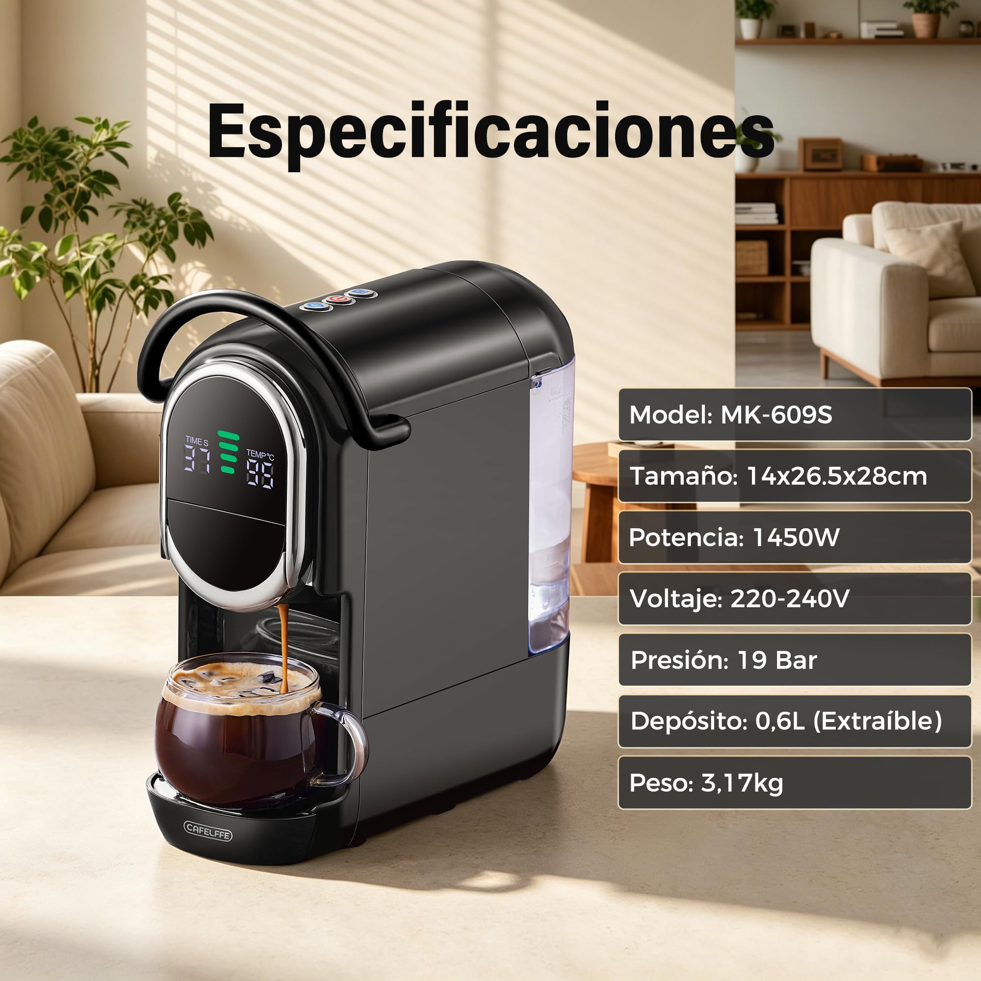 CAFELFFE MK-609S Cafetera de cápsulas 4 en 1 con presión de 19 bares, infusión caliente/fría, espresso compacto para el hogar y la oficina, Nes Original/DG/ESE/molido, negro