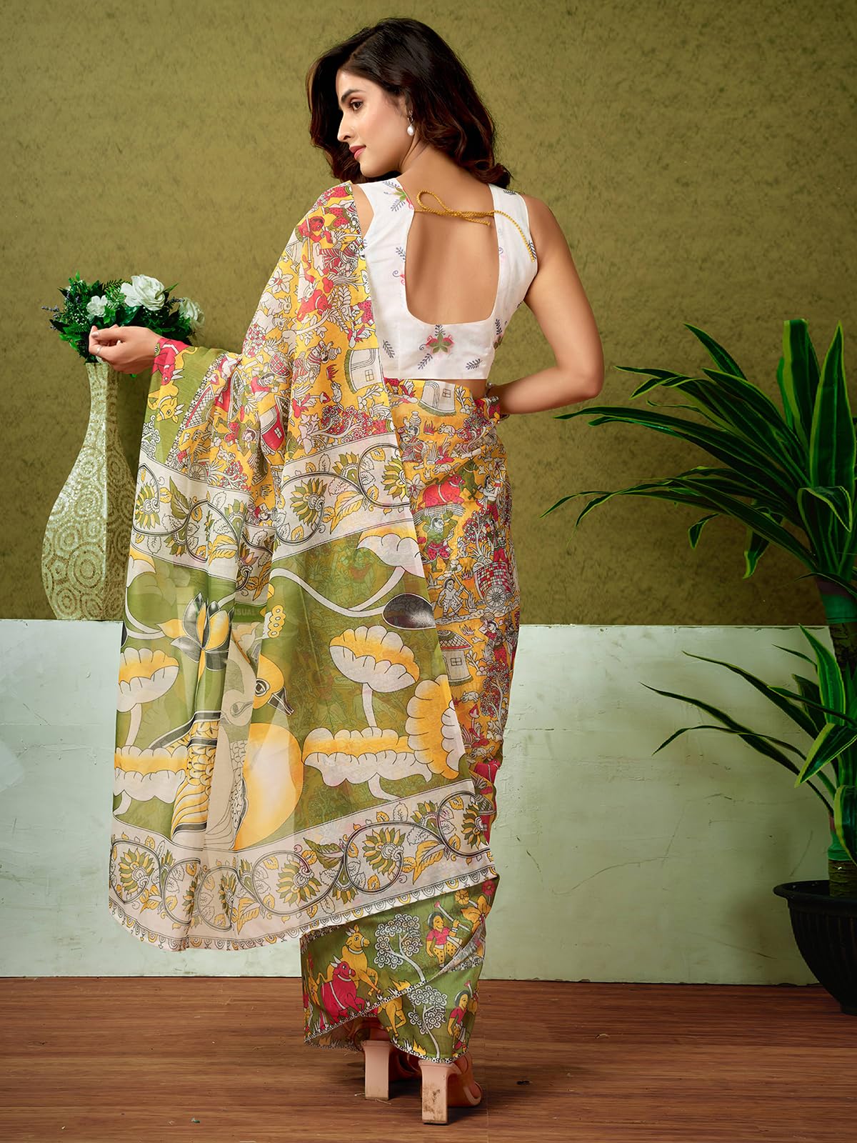 Satrani Women's Chanderi Cotton Madhubani Printed Ready To Wear One Minute Pre Pleated Readymade Saree With Unstitched Blouse Piece (32Rs305N_Yellow & Green)