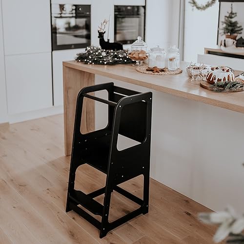Torre de observación de cocina con pizarra, torre de cocina, torre Montessori, taburete para niños pequeños (color negro)