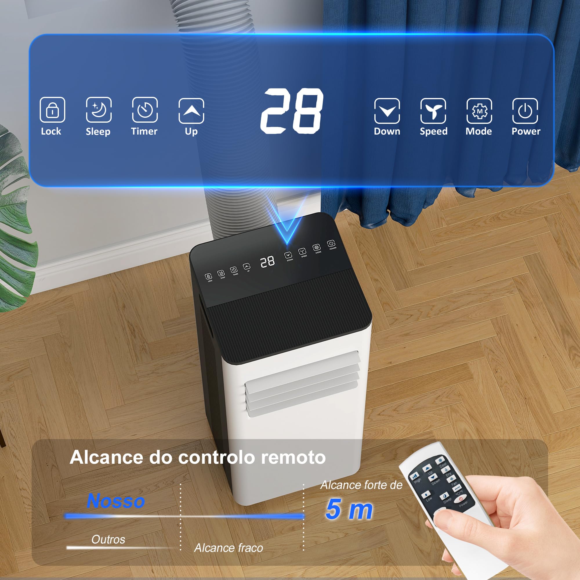 HOMCOM Aire Acondicionado Portátil 3 en 1 9000 BTU Enfriador Ventilador Deshumidificador 24,1 L/Día con Control Remoto Pantalla LED Temporizador 24h 2 Velocidades para Habitación 28m² Blanco y Negro