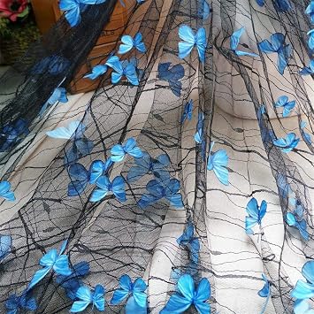 3D Vivid Butterflies Mesh Lace Fabric French Tulle lace for DIY Wedding Dress Costume Accessories Flower Girl Gown Dress Bridal Veil Home Decor 3 Yard, Black mesh+Blue Butterflies