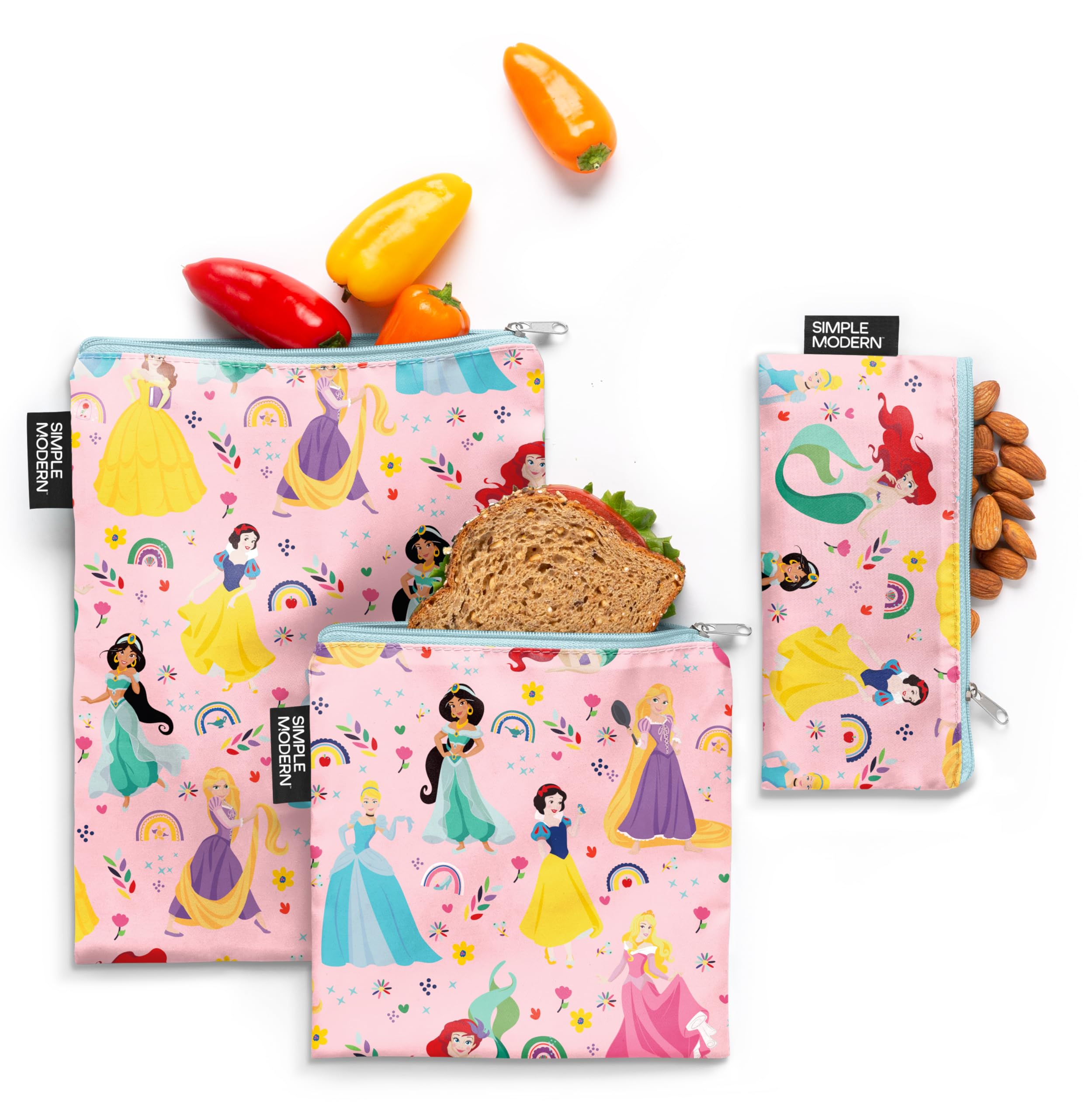 Simple ModernDisney Reusable Snack Bags for Kids | Food Safe, BPA Free, Phthalate Free, Polyester Zip Pouches | Washable & Refillable Sandwich Bag | Ellie Collection | 3 pack | Princess Rainbow