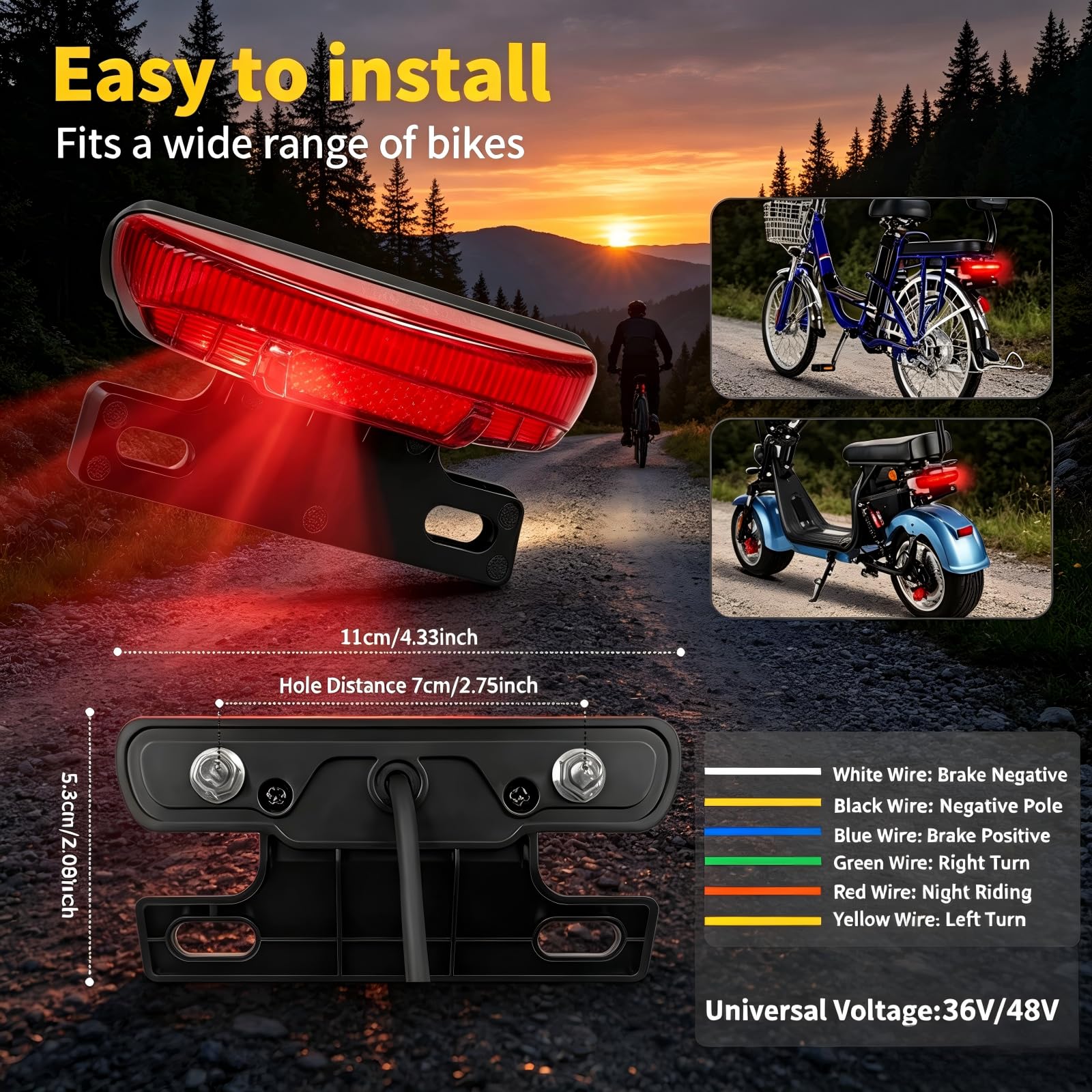Luz trasera de bicicleta eléctrica, luz de freno de cola de 36-60V, luz de seguridad trasera de Ebike, lámpara trasera de advertencia para bicicleta eléctrica