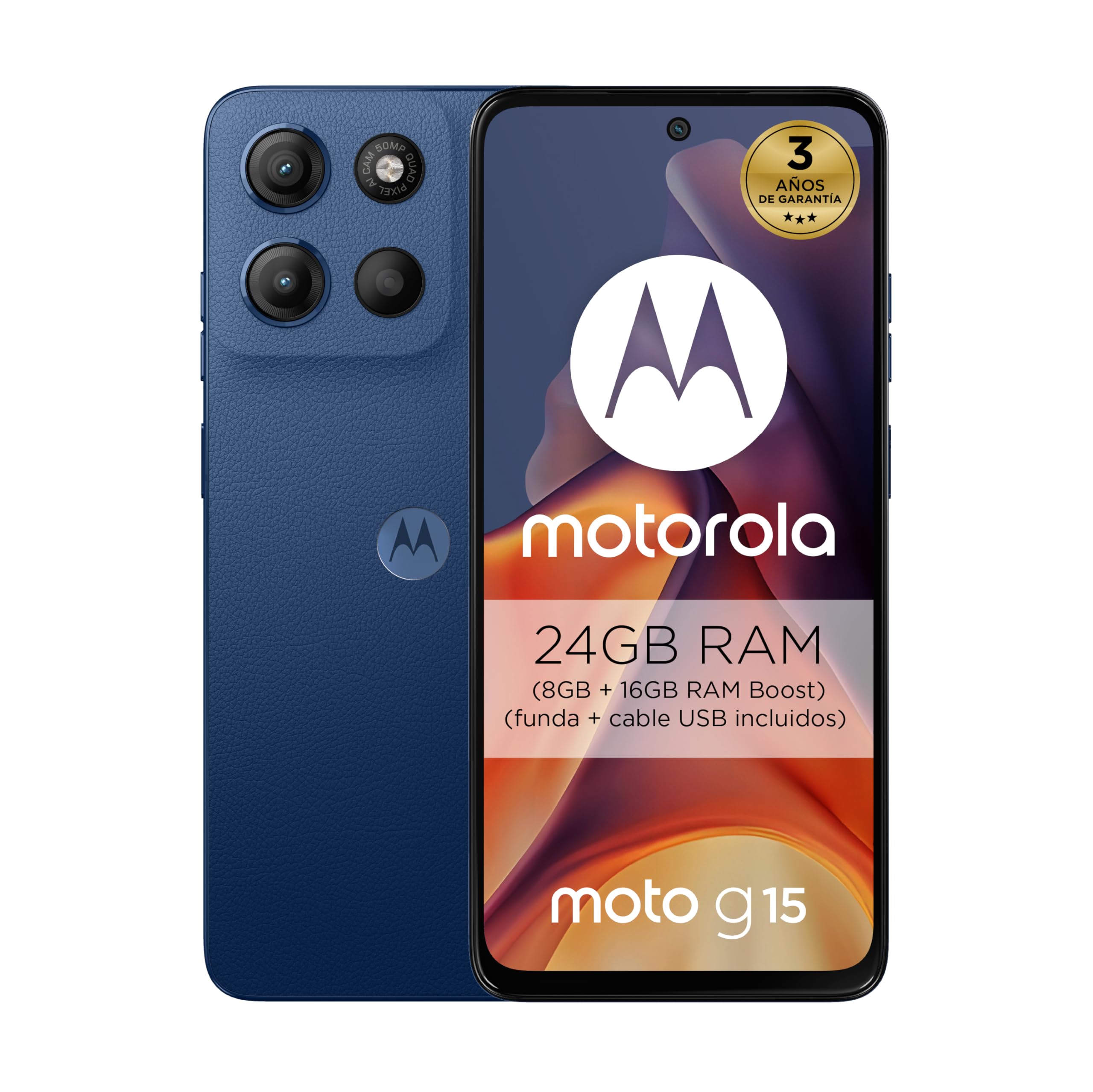 Motorola Moto g15 24GB (8G+16GB RAM Boost)/256GB Azul, España, Pantalla de 6.72'' FHD+, Sistema de cámaras de 50 MP y Objetivo Ultra Gran Angular, Batería 5200 mAh, Carga TurboPower, Soft Luxe