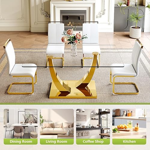 Miniatura 7 de Juego de mesa de comedor de cristal para 4, juego de mesa de comedor dorado para 4 para el hogar, mesa de comedor de 63 pulgadas con patas y base de